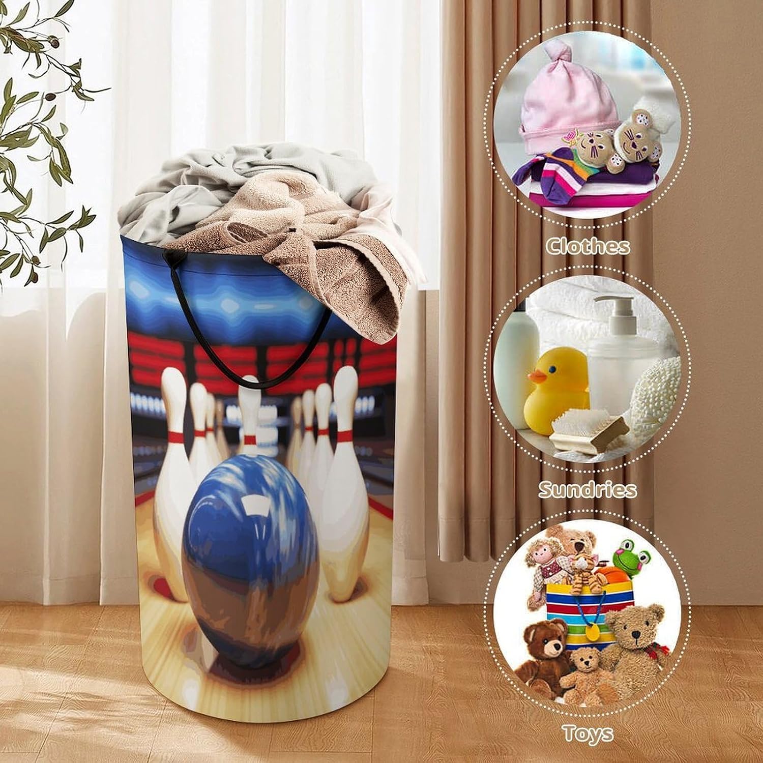 Bowling Laundry Basket Dirty Clothes Bin, Waterproof Laundry Hamper, Laundry Bag, Clothes Hamper Stands for Bedroom, Towels,Clothings image 3