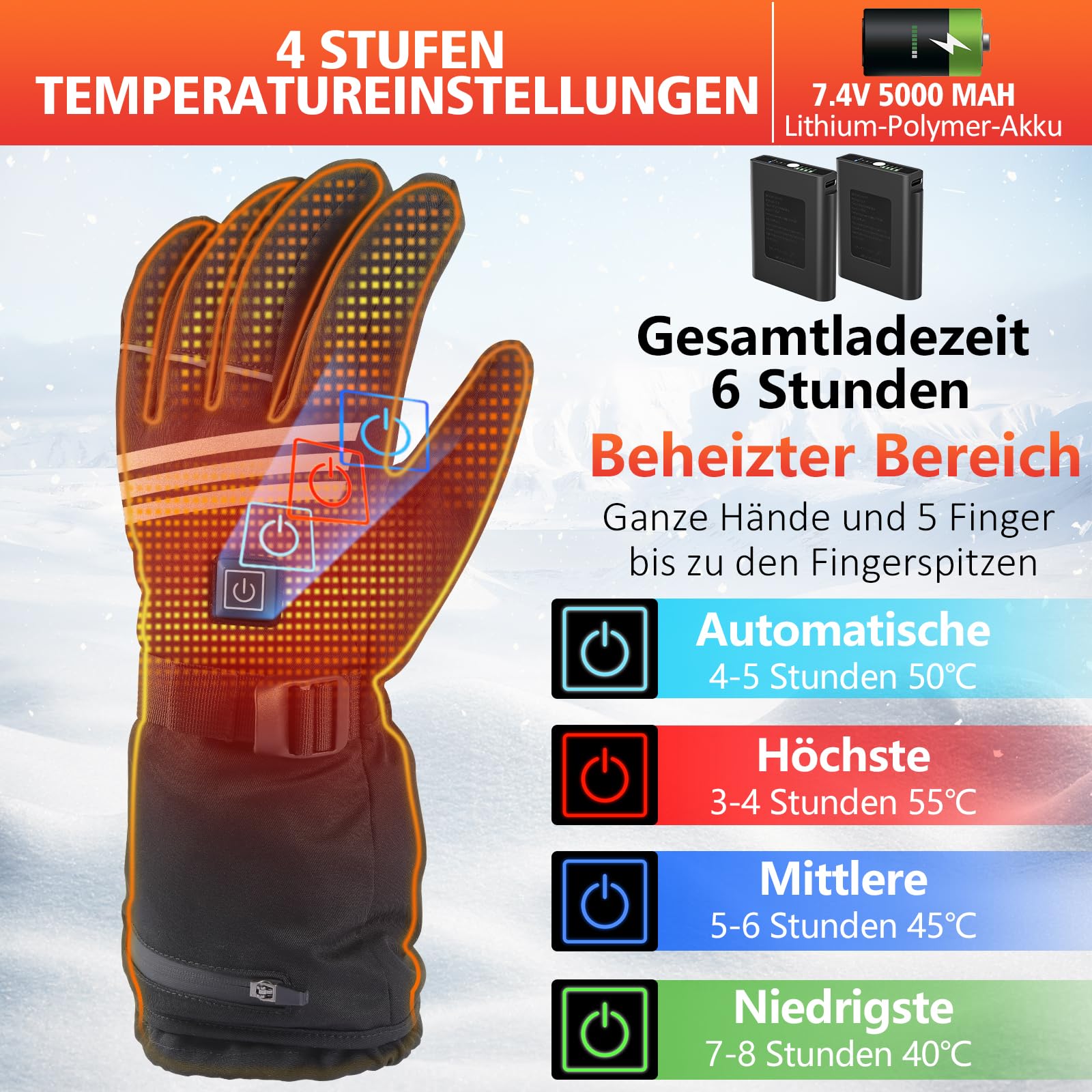 Beheizbare Handschuhe Herren Damen 7.4V 5000mAh Akkus 4 Temperaturstufen wasserdichte Winter Motorrad Radfahren Skifahren