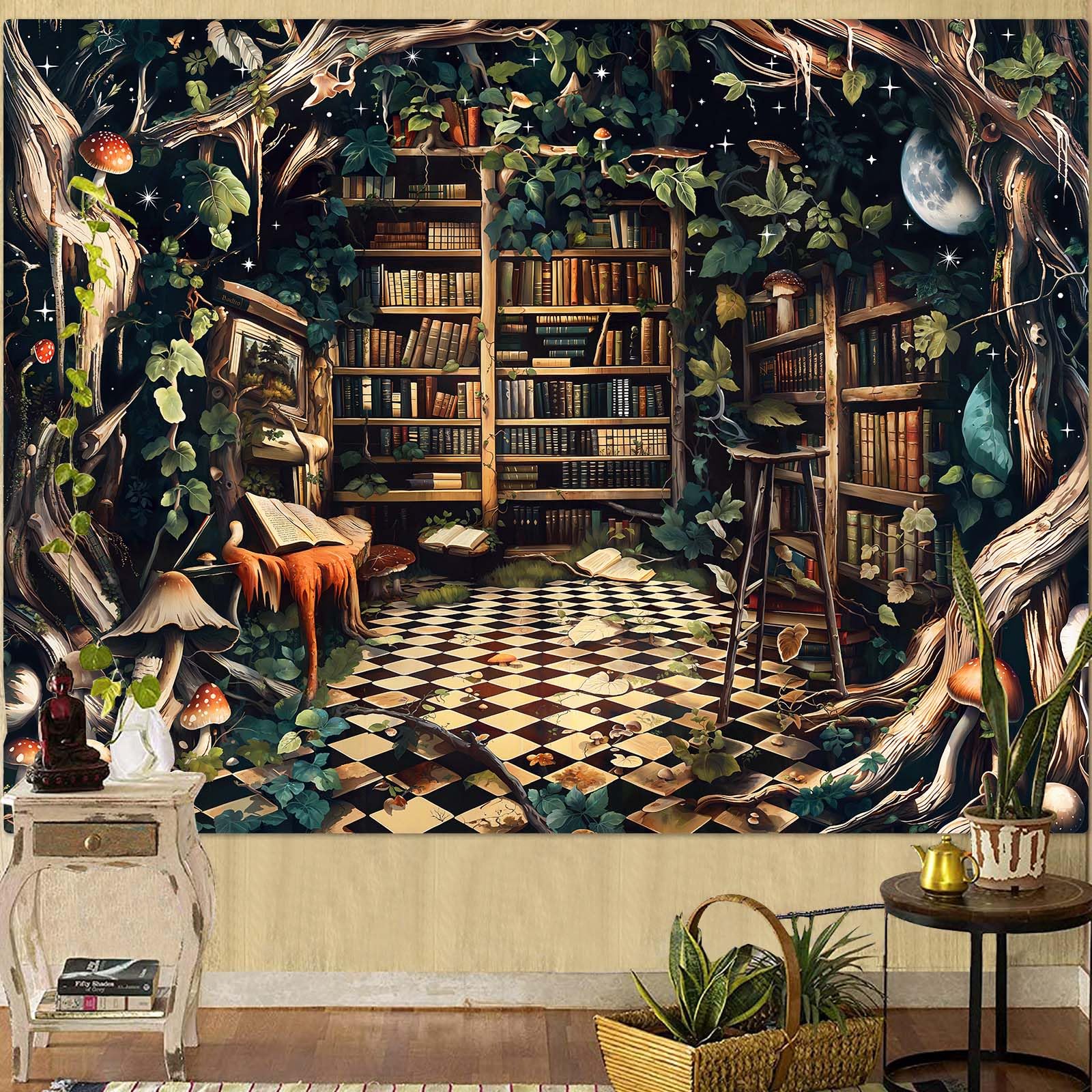 Accnicc Botanical Bookshelf Tapestry Lush Green Plant Book Shelf Tapestries Wall Hanging Art Vintage Retro Potted Plants Academics Library Book Tapestry for Bedroom Living Room Dorm 80 x 60 inch: Orange 80"L x 60"W
