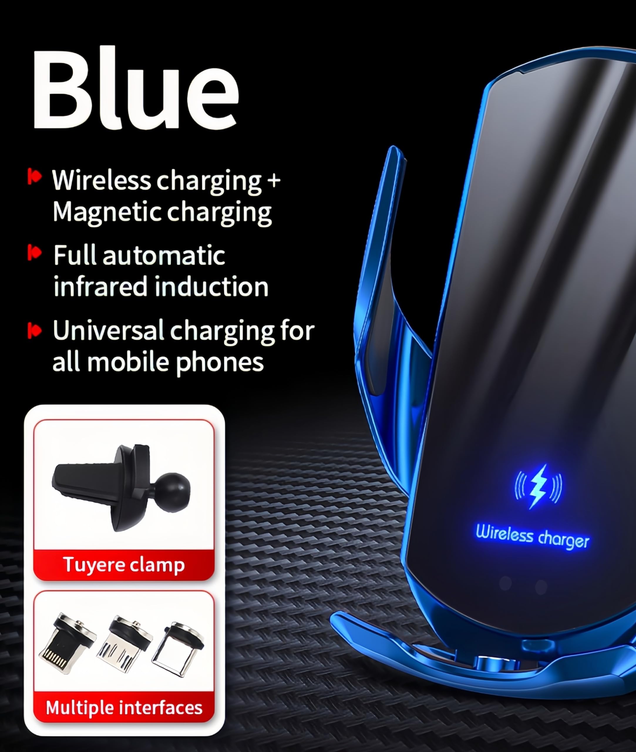 Q3 15W Smart Sensor Auto Magenetic Ladegerät Smart Sensing Wireless Ladegerät Automatischer Klemmarm 360 Grad Kugelgelenk Pivot für Serie für -Serie (Blau)…