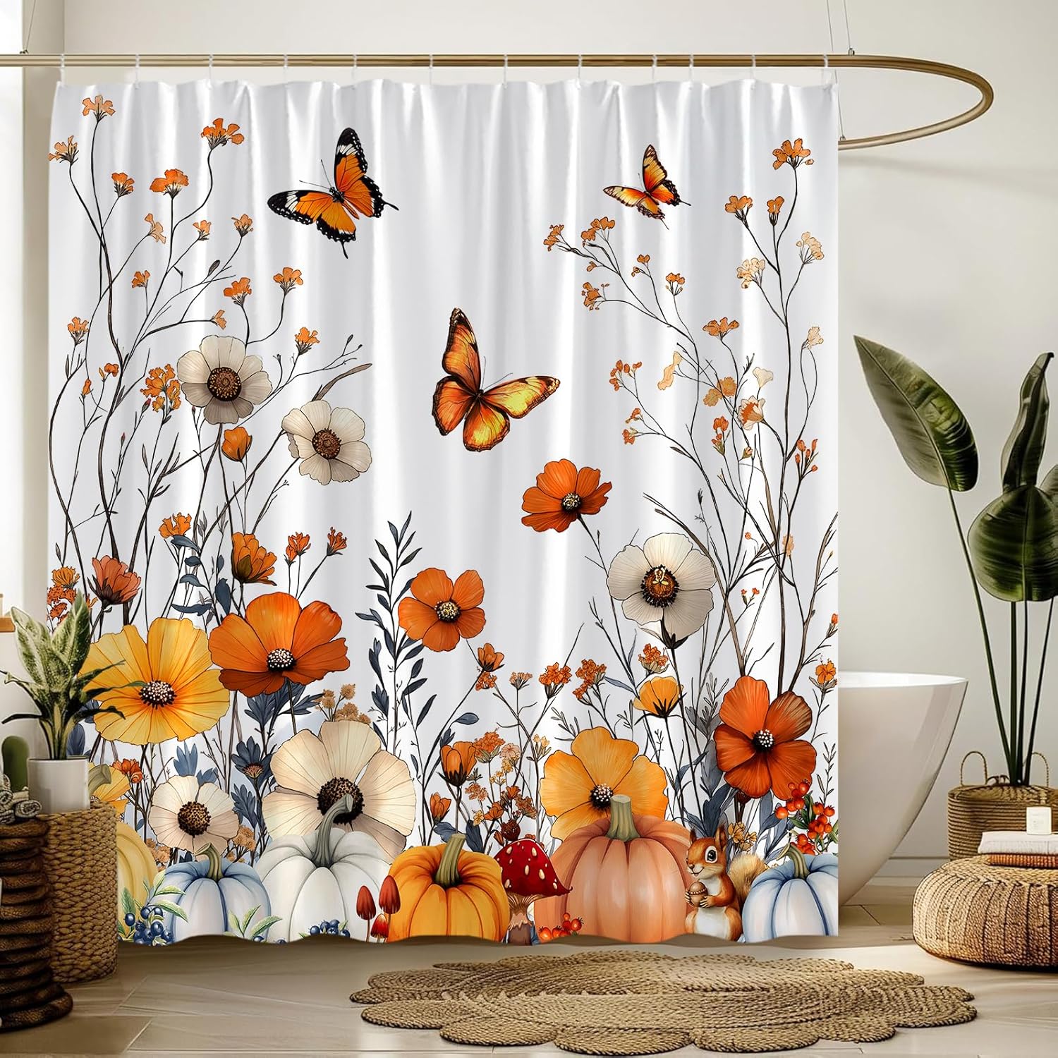 Pumpkin Floral Extra Long Shower Curtain,Fall Thanksgiving Flower Butterfly Squirrel Autumn Orange Bathroom Home Curtain Decor with Hooks,70x78 Inch