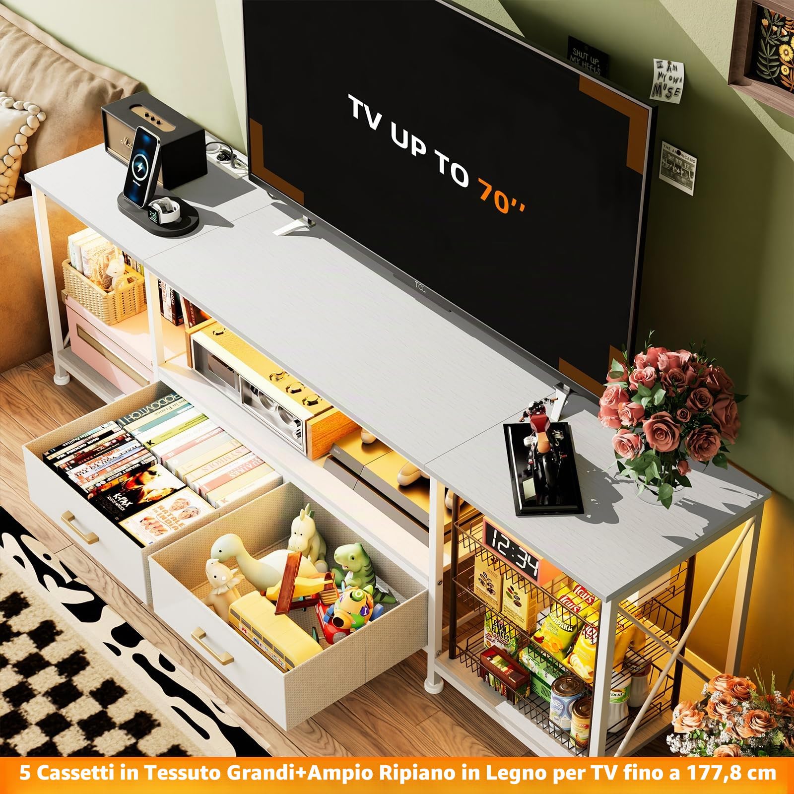 Mobile TV con Luci LED, 2 Porta USB e 2 Presa, Mobile per TV Soggiorno Moderno Mobili, con 3 ripiani e 2 cassetti,180x40x58 cm (Bianco-A)