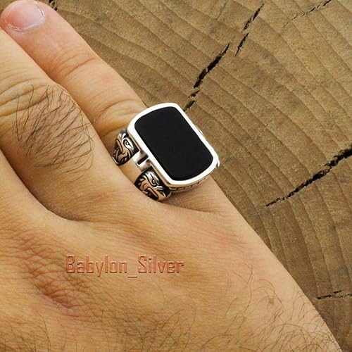 Miniatura 3 de Anillo de plata de ley 925 maciza con piedra de ónix turco hecho a mano con diseño de águila pesada de lujo para hombre