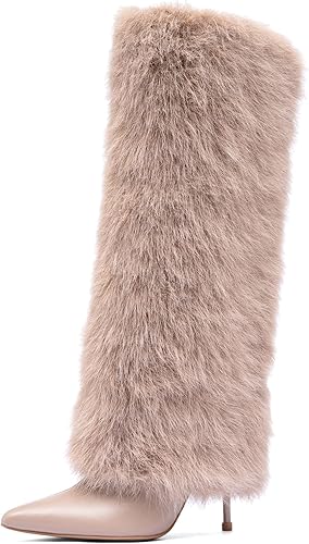 NEWBELLA Women's Plush Knee High Boots - Fashion Pointed Toe Stiletto Warm Tall 