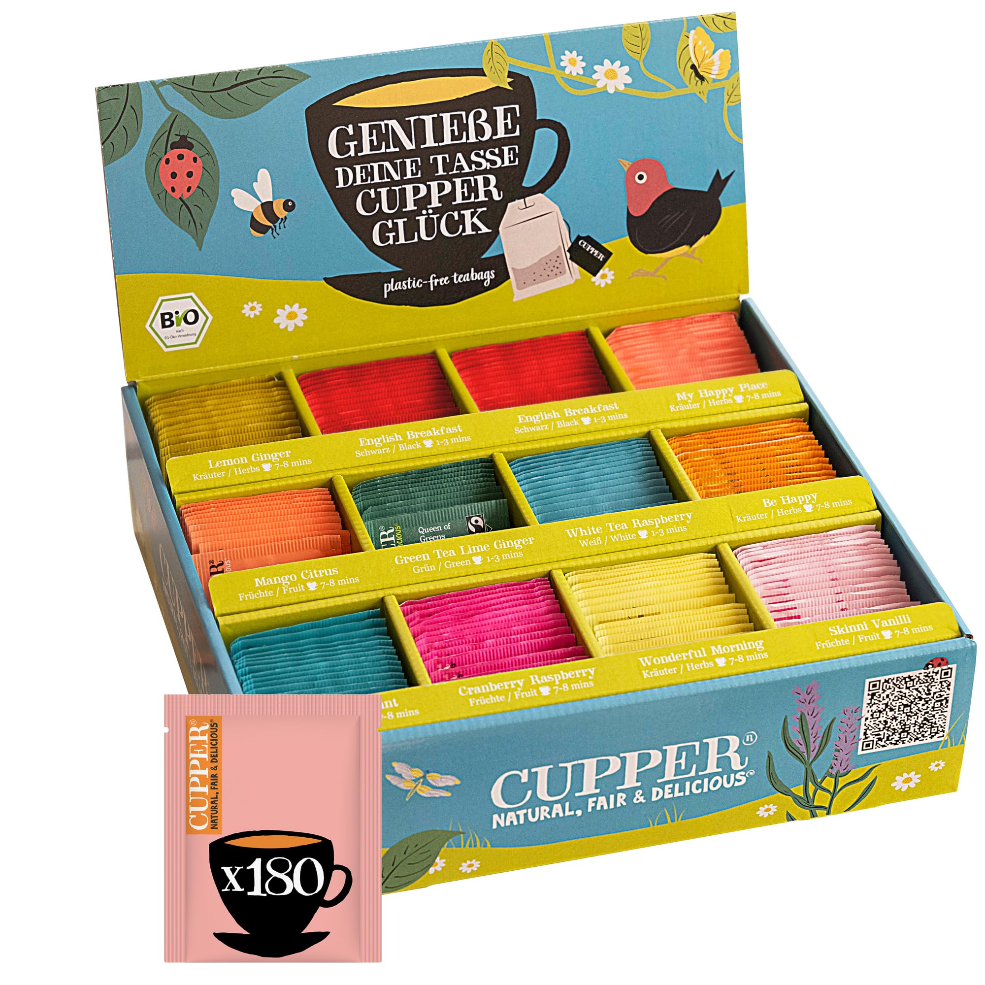 CUPPER Bio Tee Probierbox – 180 Teebeutel, 11 Sorten Kräuter-, Früchte- & Grüntee – fair gehandelt, plastikfrei, buntes Geschenkset für Teeliebhaber:innen