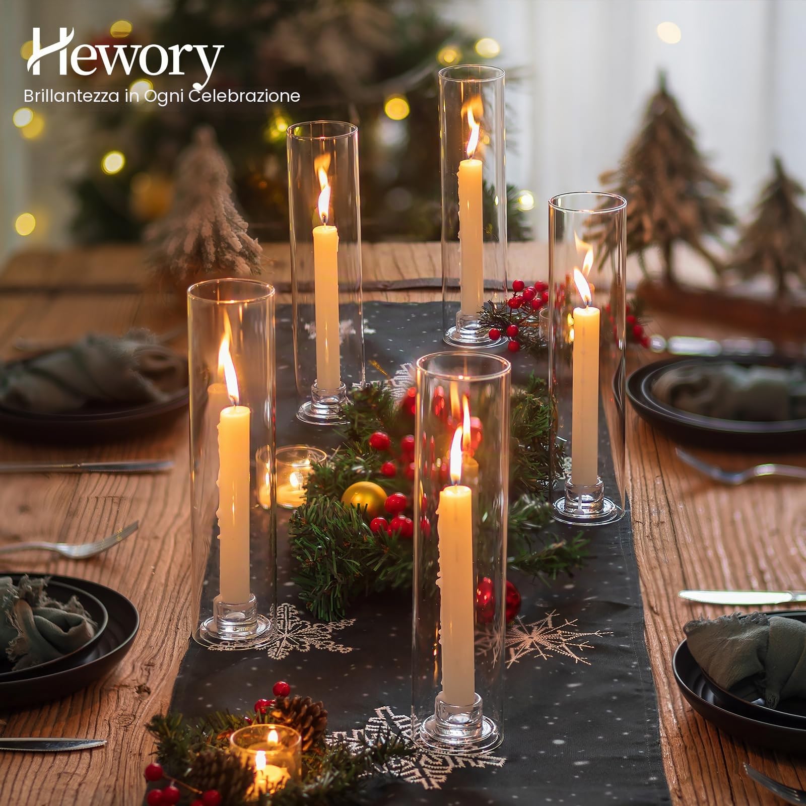 Hewory - Portacandele in vetro Hurricane: set di 6 candelieri trasparenti per centrotavola da matrimonio, alti portacandele per decorazioni natalizie, feste all'aperto'