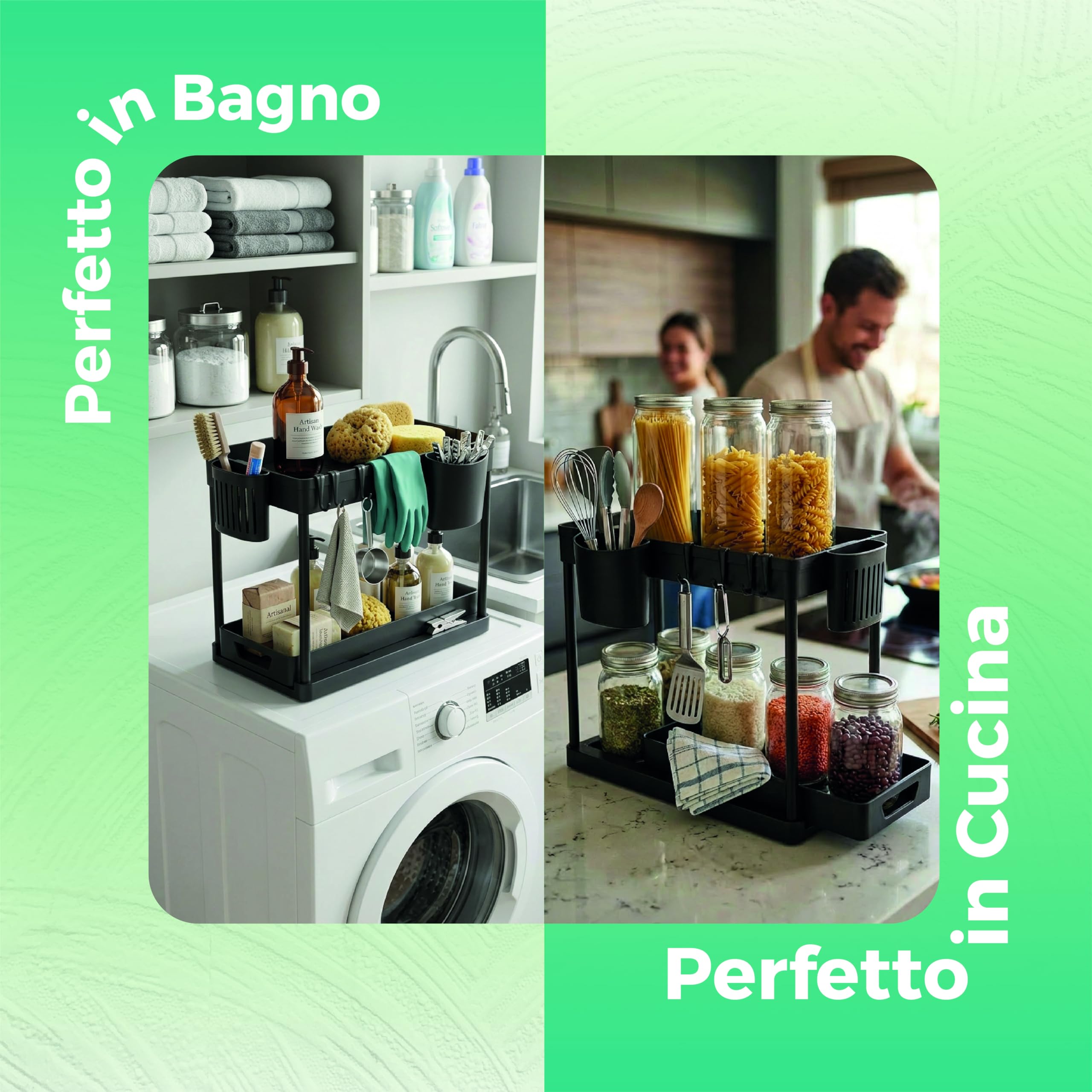 Generico Organizer Sottolavello Cucina a 2 Ripiani con Cestelli e Ganci – Porta Detergenti e Accessori Salvaspazio per Bagno e Cucina – Struttura Stabile, Facile da Montare