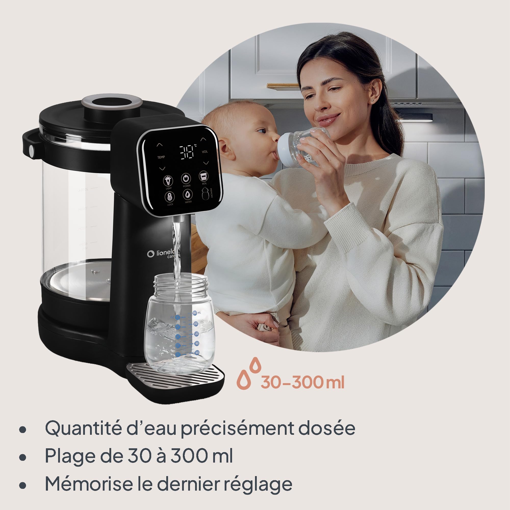 Lionelo Babypresto 2.0 Préparateur de Biberon Automatique, Noir | Chauffe-Eau Bébé 40-100°C, Dosage 30-300 ml, Réservoir en Verre 3 l, Mémoire, Écran LED, Mode Nuit et Lampe UV
