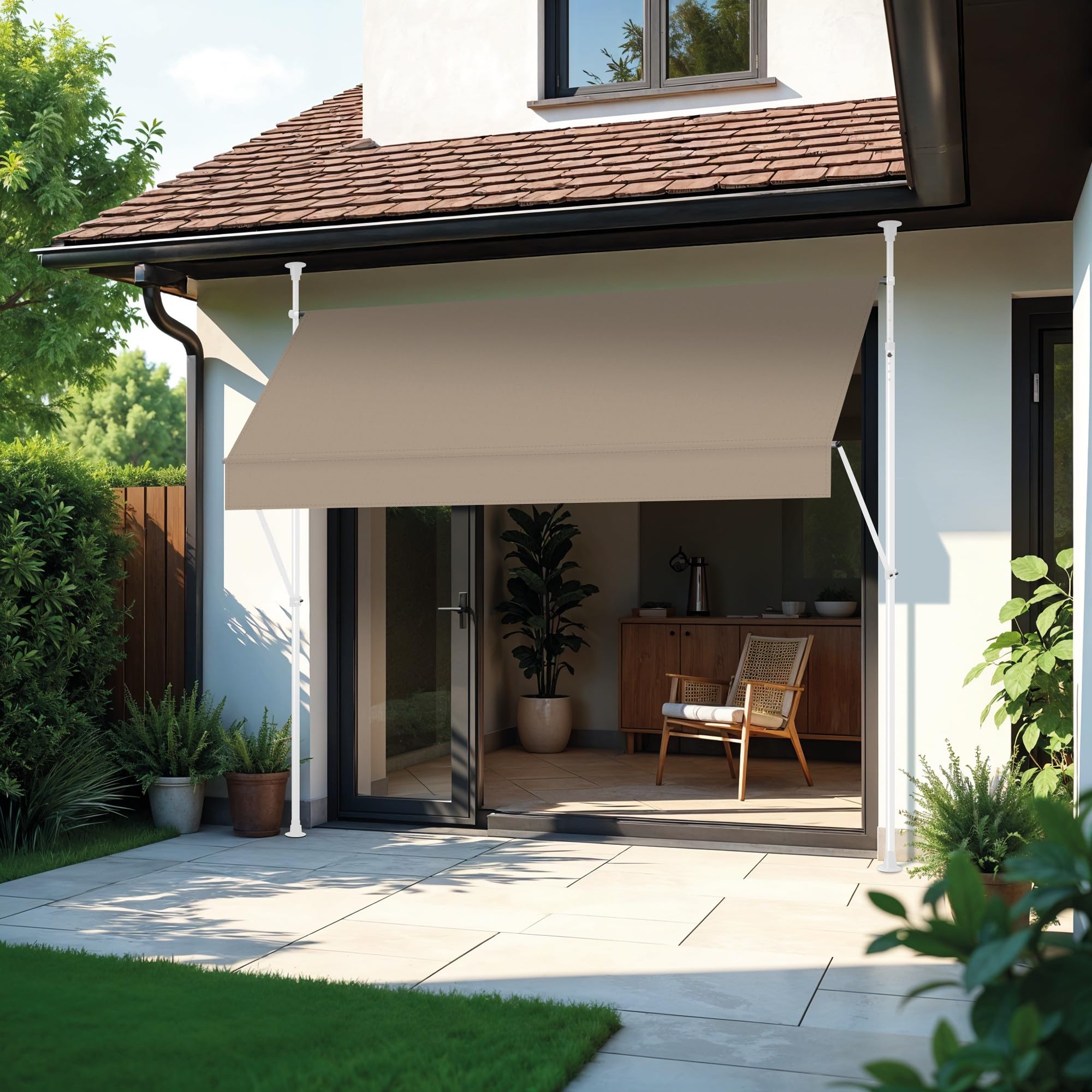 Wasabi - Toldo Retráctil Exterior 300x120cm Cityline - Altura Ajustable - Montaje Suelo y Pared sin Taladrar - Lona Beige Protección UV - Inclinación Regulable - Jardín Balcón - Estructura Blanca