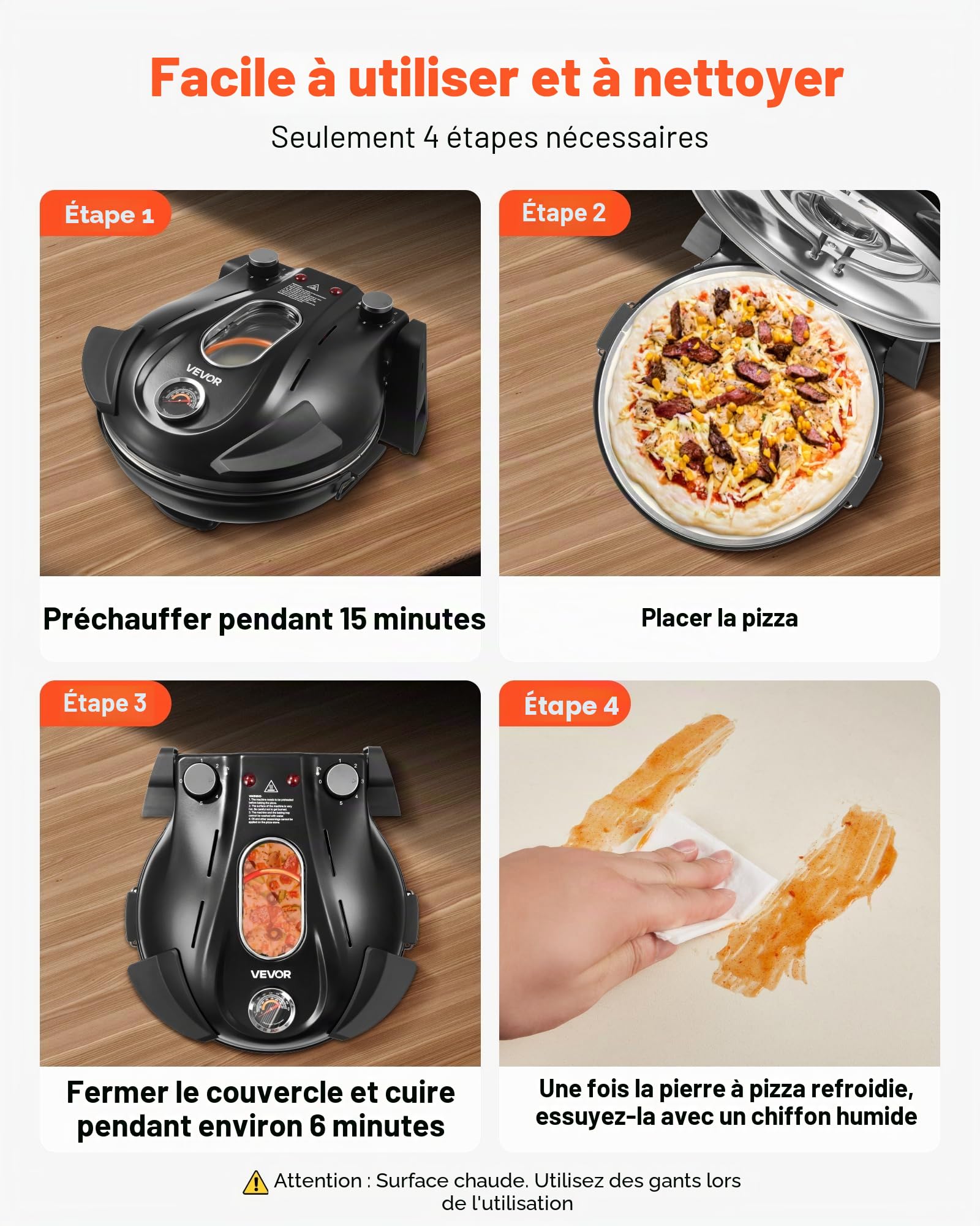 VEVOR Four à Pizza Électrique 305 mm, Cuiseur à Pizza 1200 W, avec Pierre en Cordiérite, 5 Modes de Contrôle de la Température, Hublot pour Une Cuisson Précise, Chauffe jusqu'à 420 °C, Maison Noir