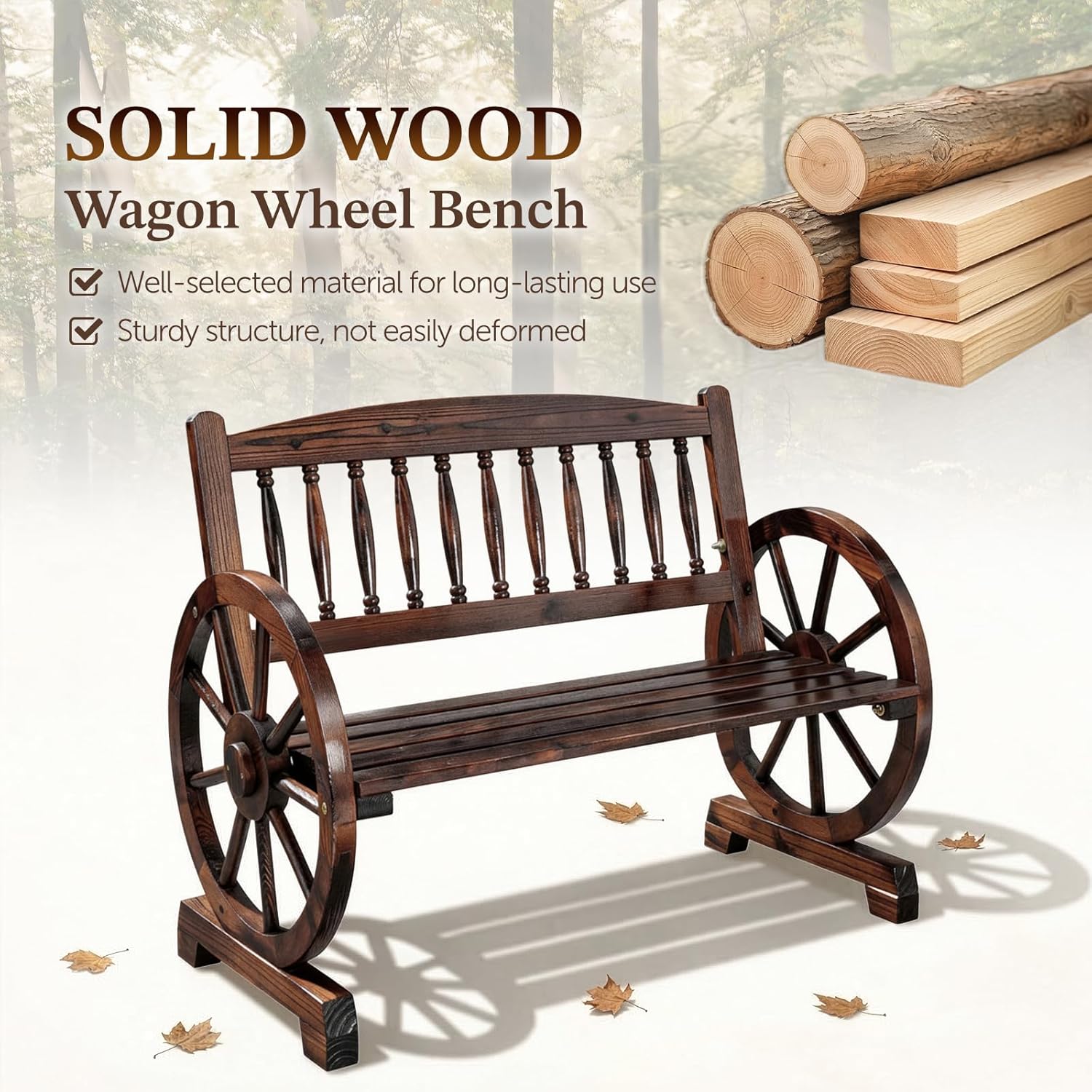 Outvita 41'' Outdoor Wooden Bench, 2-Person Rustic Wagon Wheel Bench with Slatted Seat and Carbonized Fir Wood Construction, Weather-Resistant Garden Bench for Patio, Porch and Backyard(Dark Brown)