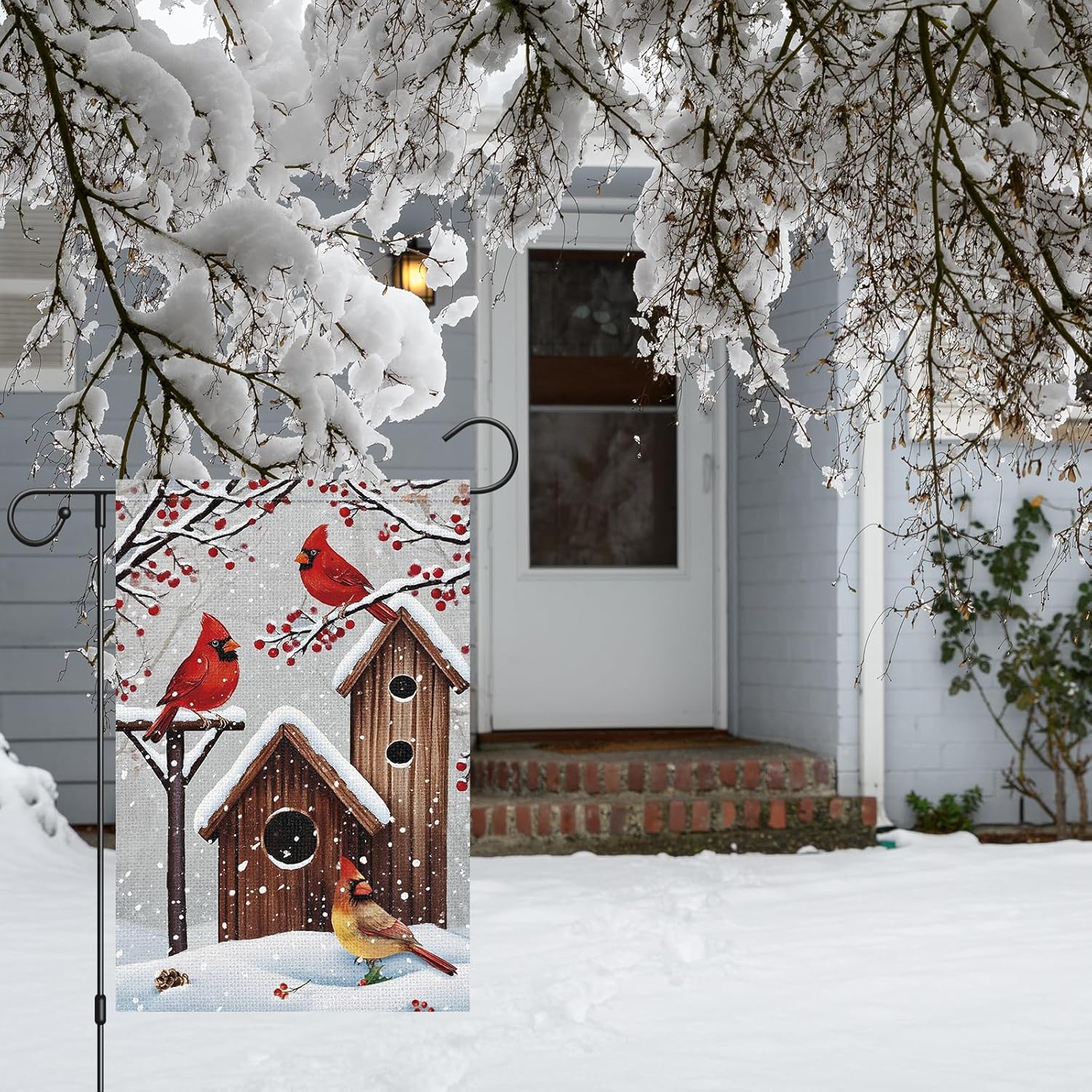Cardinal Bird Winter Garden Flag 12x18 Inch Small Double Sided Burlap Vertical, Holly Berry Snow Christmas Holiday Outside Decorations Burlap Yard Flag - Image 3