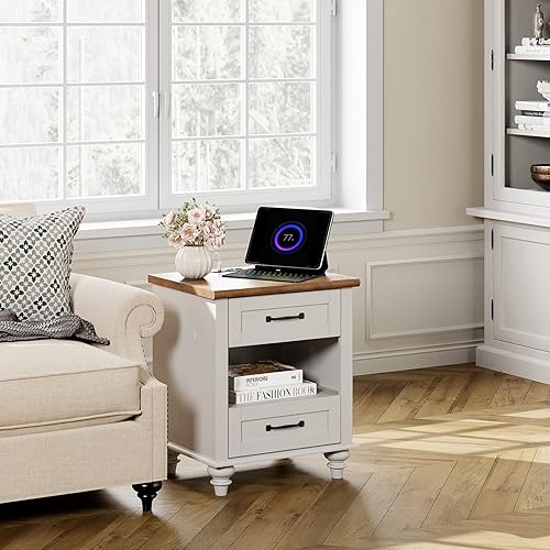 Miniatura 4 de WAMPAT Juego de 2 mesitas de noche con estación de carga, mesas auxiliares de granja con 2 cajones, mesa auxiliar de sofá de madera con estante