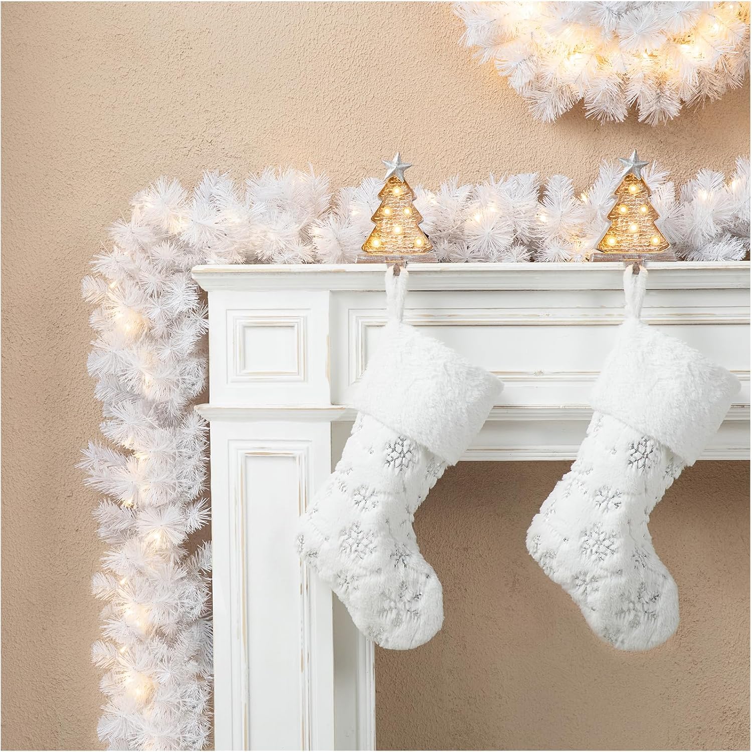 Glitzhome 9ft Pre-Lit White Pine Christmas Garland, with 50 Warm White LED Lights and Timer for Home Stairs Fireplace Front Door Window Christmas Decorations White Pine 1