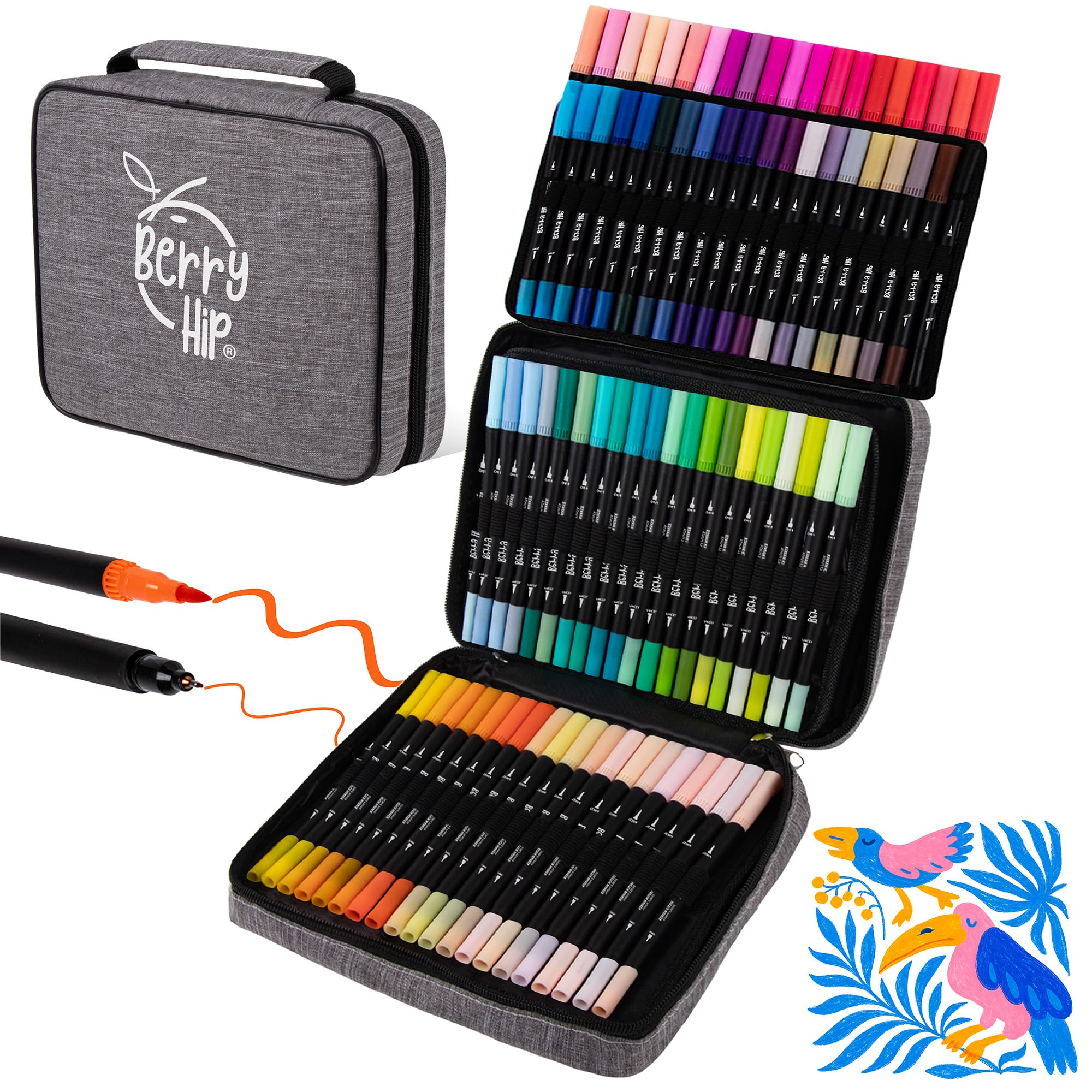 Berry Hip Set De 120 Marcadores Doble Punta, Plumones De Colores A Base De Agua No Tóxicos, Punta Fina 0.4 mm y Punta Pincel 1.4 mm Con Estuche Gris Para Lettering y Dibujo