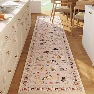 Runners for Kitchen Runner Rug Non Slip 2'x10' Long Washable Rugs with Rubber Backing Soft Floral Animal Cat Carpet Runner for Kitchen Laundry Bedroom Bathroom, Pink