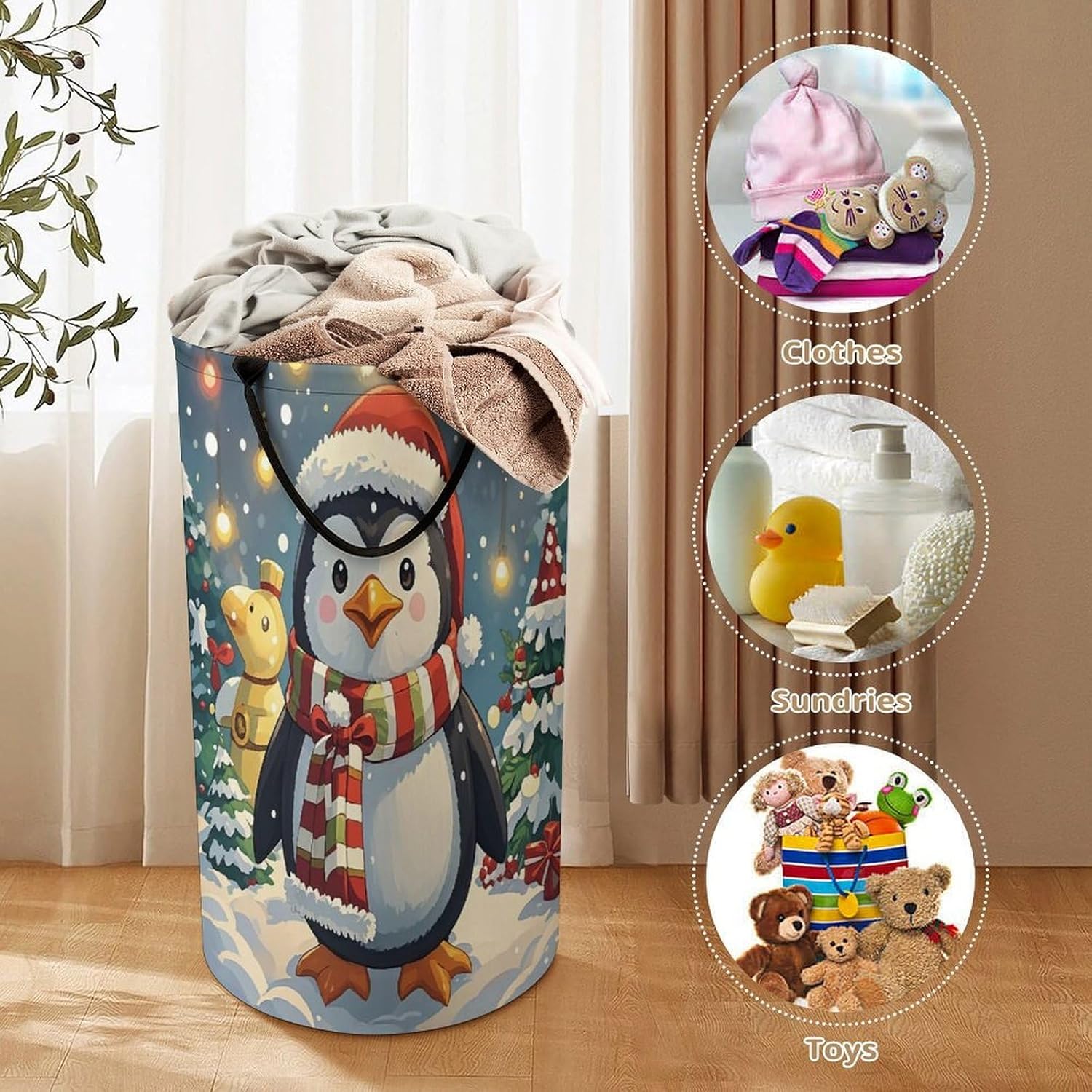 Christmas Funny Penguin Laundry Hamper with Handles Freestanding Large Laundry Basket Collapsible Clothes Hamper Waterproof Clothes Basket for Family Bathroom Decor Storage 86L