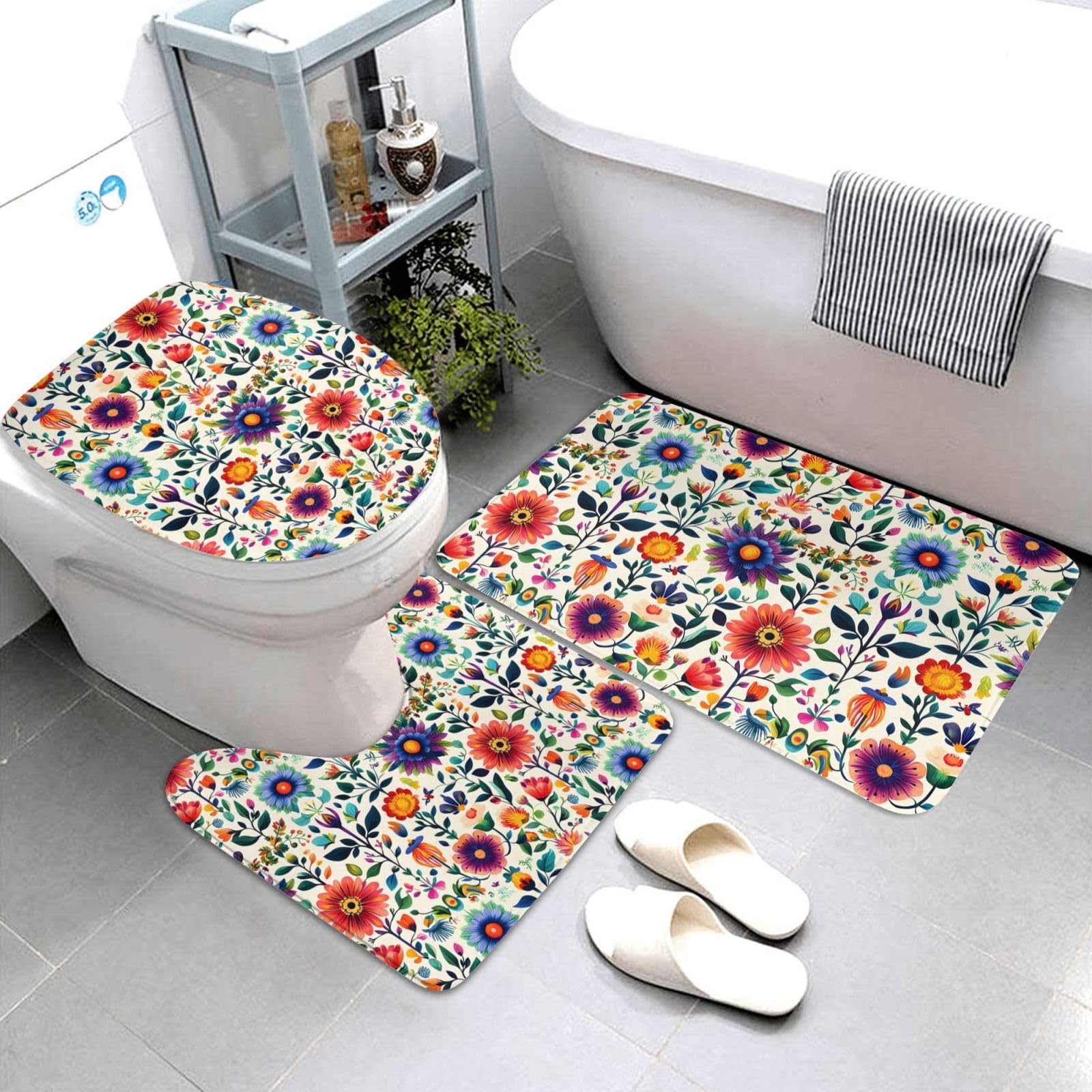 Tapis de bain absorbant et antidérapant lot de 3 motif fleurs