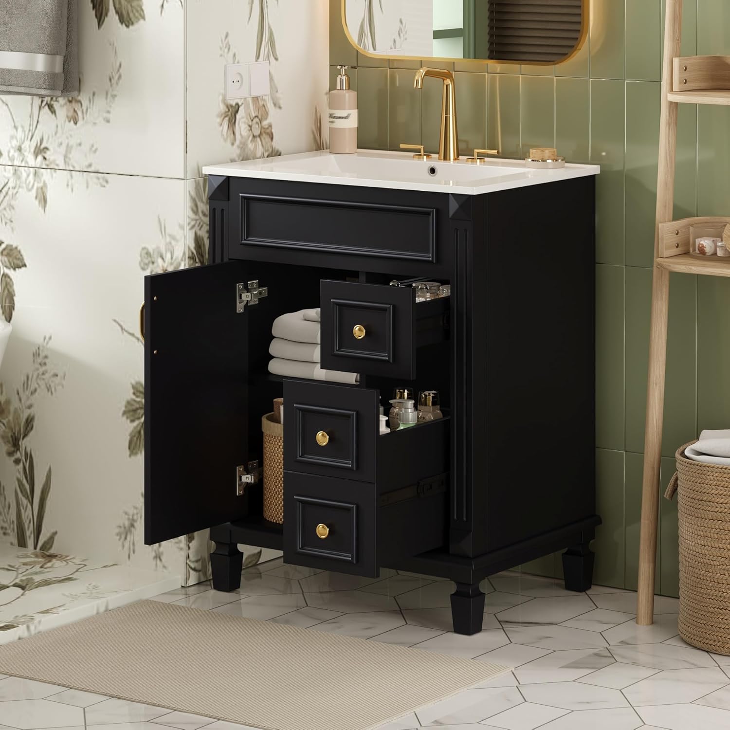 Merax 24" Bathroom Vanity with Ceramic Sink, Small Bathroom Sink Cabinet with 2 Drawers and Adjustable Shelf