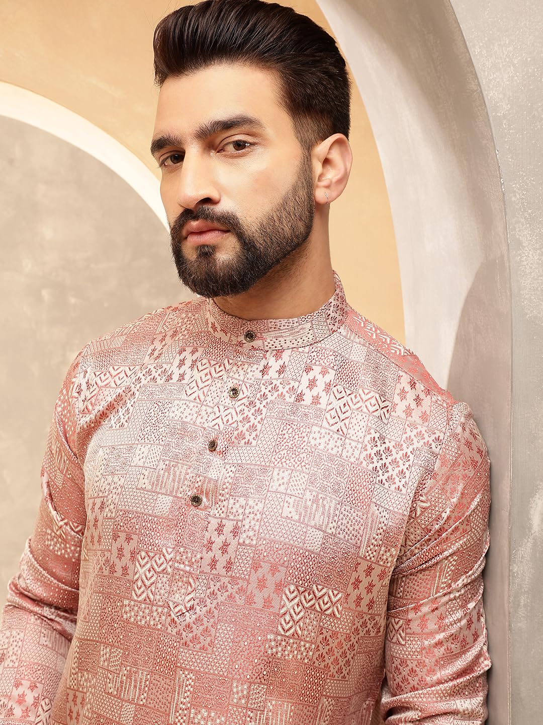Sojanya (Since 1958 Men's Jacquard Silk Red Only Long Kurta