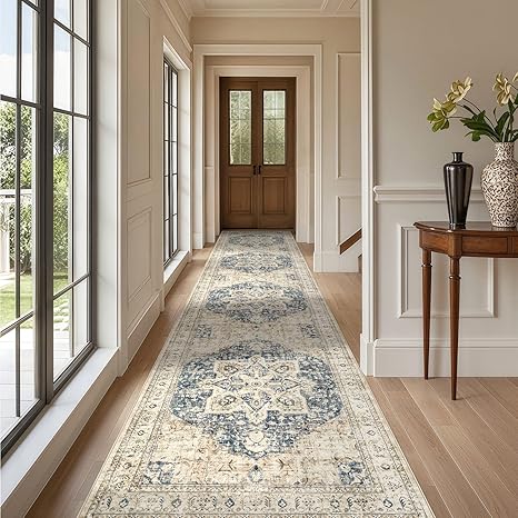 Tortania Area Rug 3x14 Runner Rugs - Washable Vintage Oriental Farmhouse Thin Indoor Carpet for Living Room Bedroom Hallway Entryway Kitchen Under Dining Table Home Office - Cream/Blue