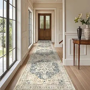 Tortania Area Rug 3x14 Runner Rugs - Washable Vintage Oriental Farmhouse Thin Indoor Carpet for Living Room Bedroom Hallway Entryway Kitchen Under Dining Table Home Office - Cream/Blue