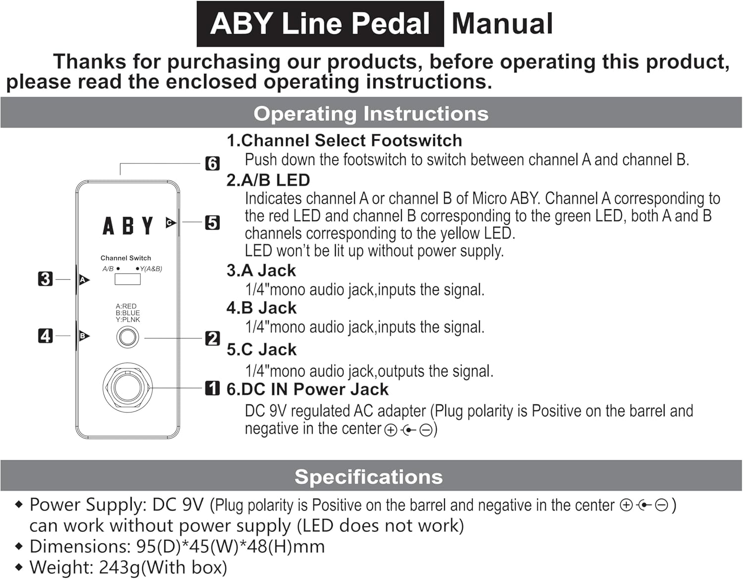 Vintage ABY Line Guitar Effect Pedal LEF-330 with True Bypass, Signal Switch, and Solid Construction