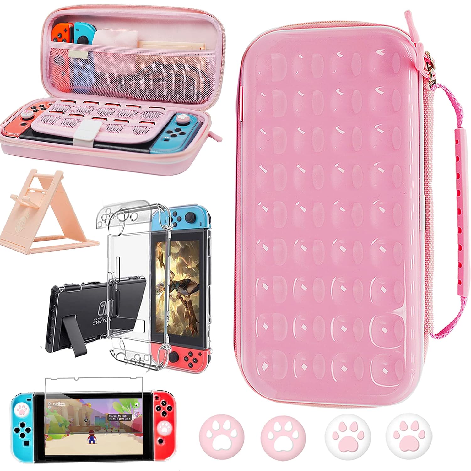 BRHE Switch Case Cute Hard Portable Accessories Bundle Kit Kawaii Carrying Bag with Clear Protective Cover, Ultra-Thin Adjustable Stand, Tempered Glass Screen Protector for Nintendo Switch (Pink)