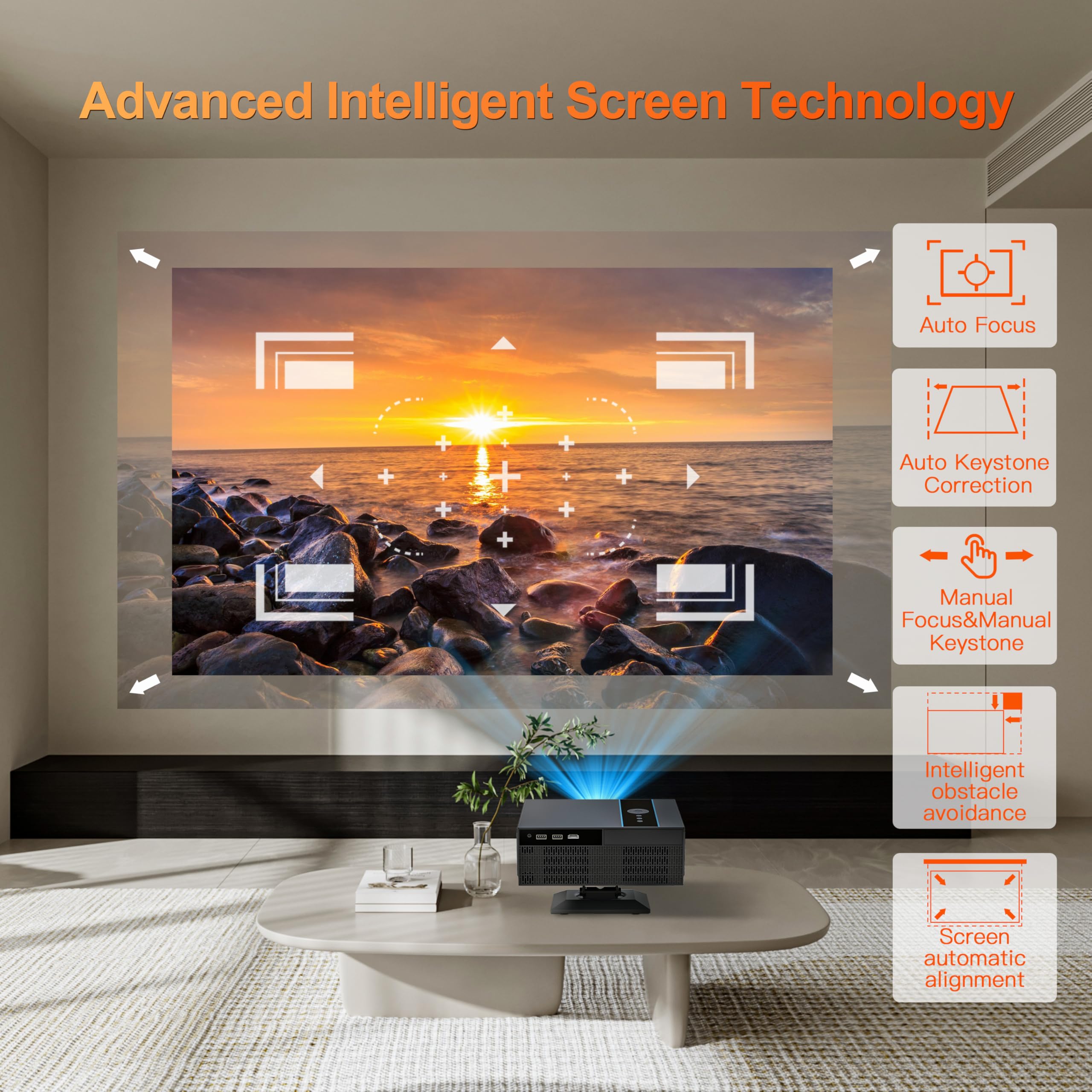 Automatyczne ustawianie ostrości: inteligentny projektor z WiFi i Bluetooth, zoomem i keystone, przenośny projektor filmowy 1080p z regulowaną podstawką 360°, obsługa 4K do kina domowego, sypialni