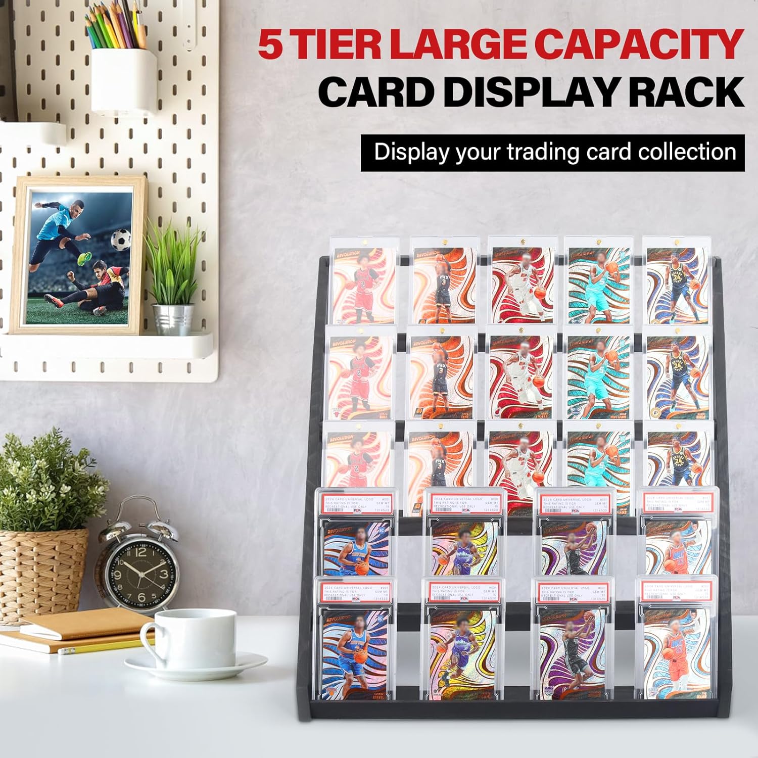 5-Tier Card Display Stand,Wood Trading Card Display for Graded Cards,Sports Card Display Case for PSA CGC SGC BGS Slabs - Large Capacity Graded Card Display for Collectors (Black)