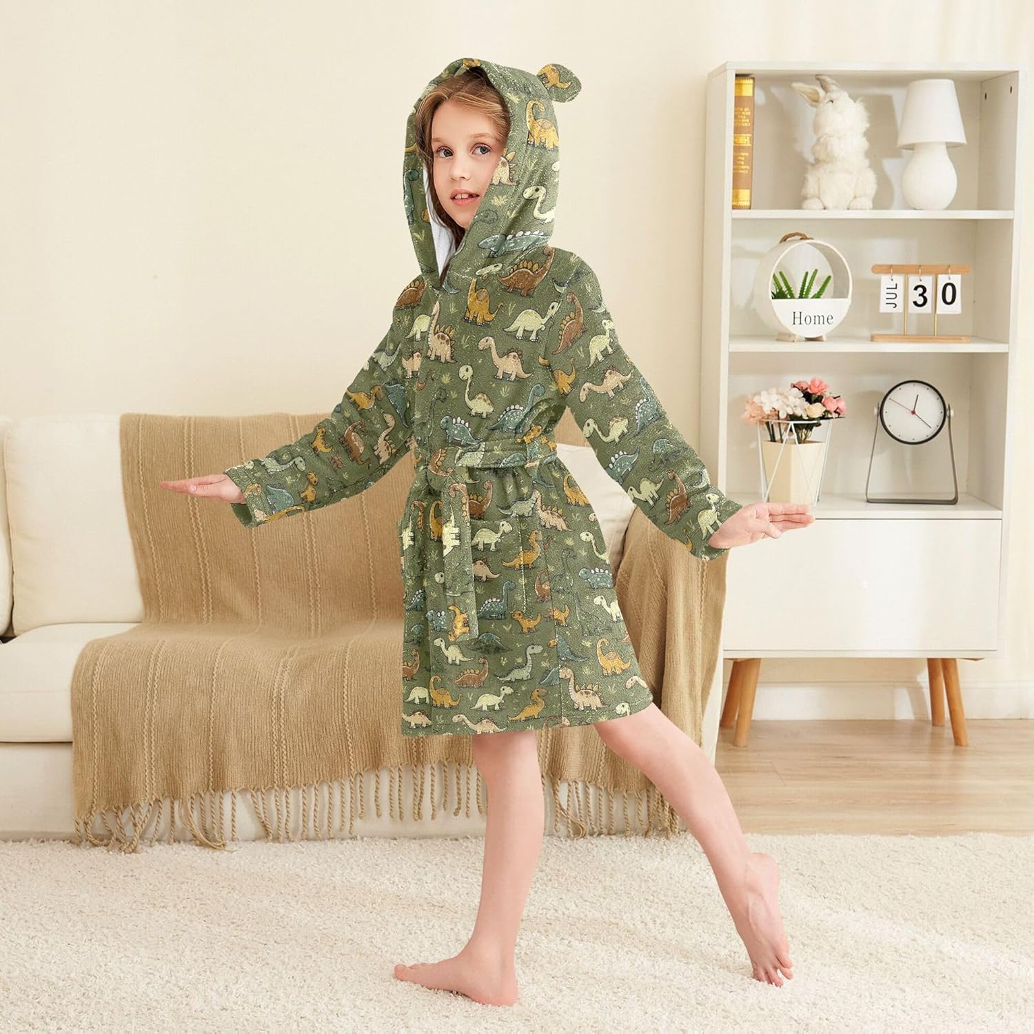 Cute Cartoon Dinosaurs Bathrobe Hooded PJ Robe Soft Fleece Robe Sleepwear 2-12 Years