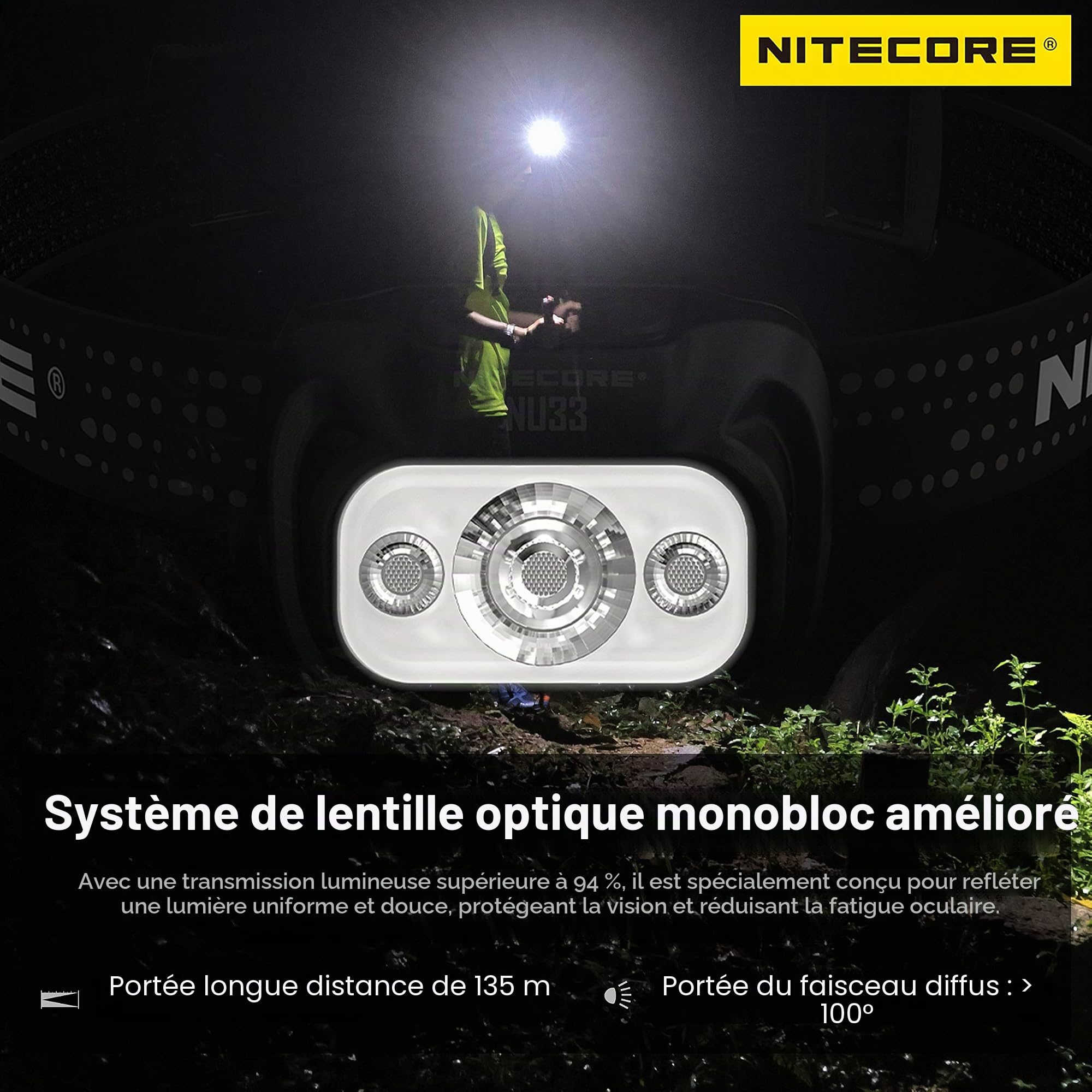 Nitecore NU33 Lampe frontale en aluminium 700 lumens Triple sources de lumière avec étiquette de phare rechargeable USB-C