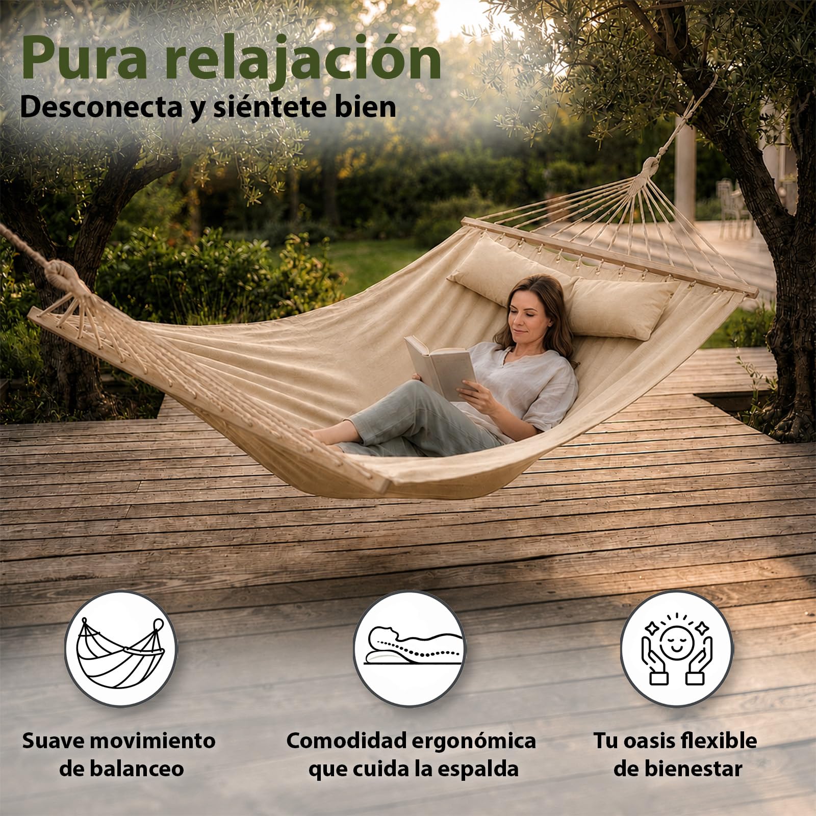 BB Sport Hamaca Colgante Doble Dos Personas 240 x 150 cm Carga 300 kg Jardin Terazza, Color:Playa