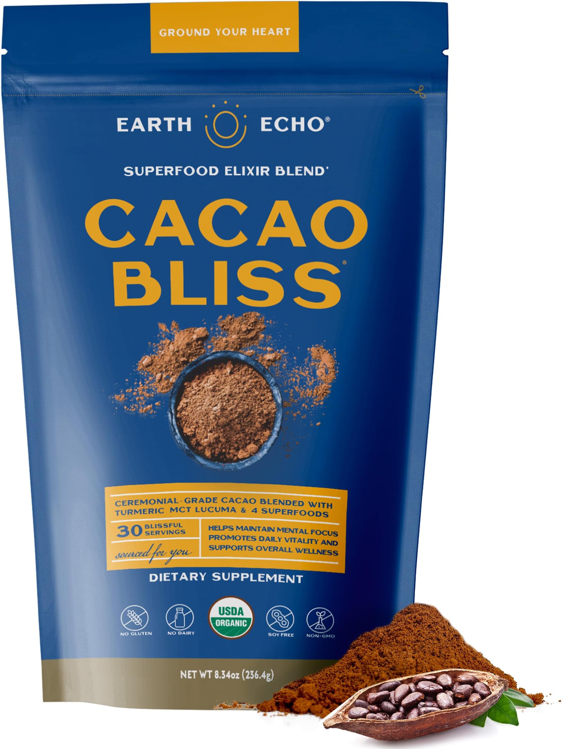 Earth Echo Cacao Bliss - Ceremonial Grade Organic Raw Cacao Powder with MCT Oil & Turmeric - Supports Energy Boost, Mindful Snacking & Focus - Unsweetened, Vegan, GMO & Gluten-Free, 30 Servings