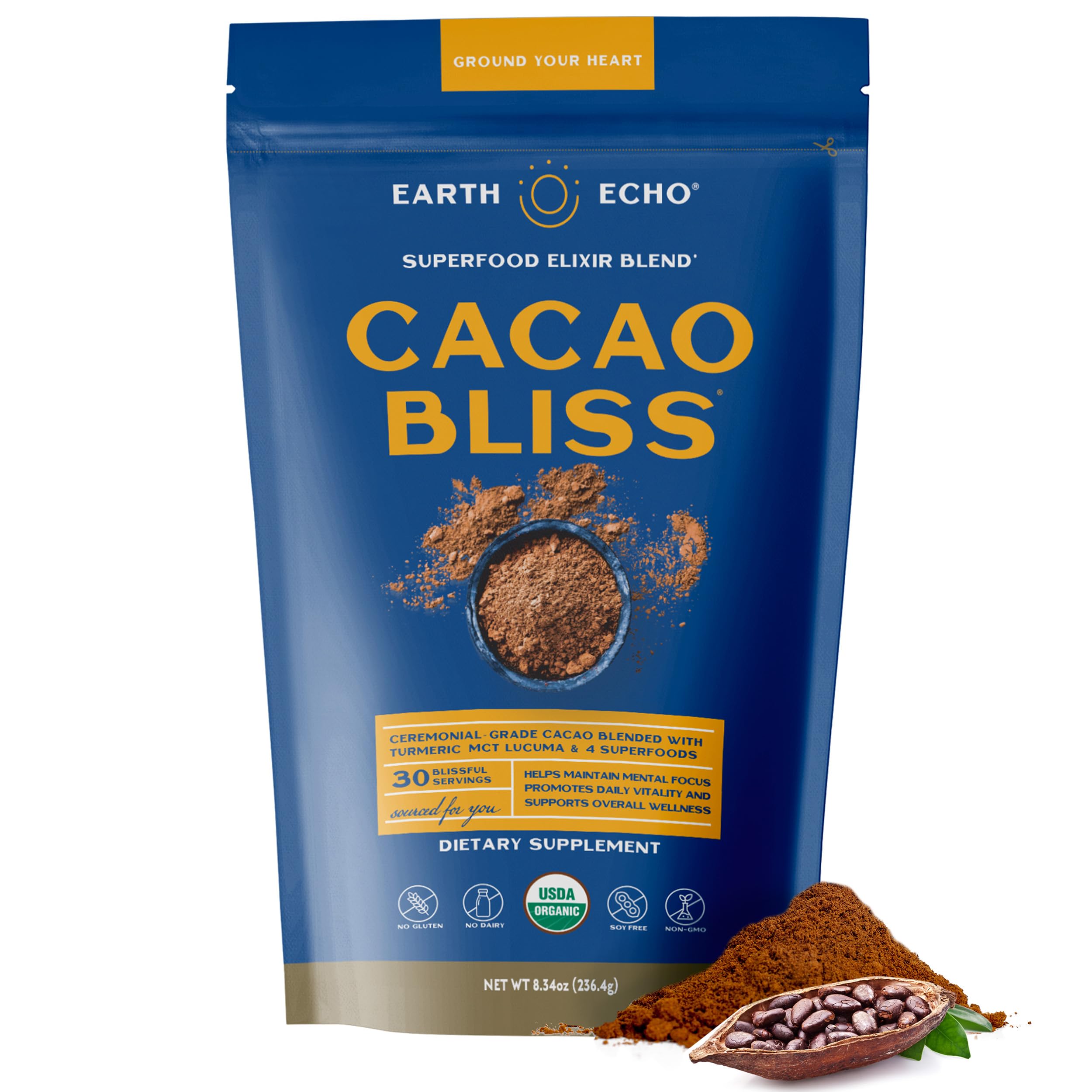 Cacao Bliss - Ceremonial Grade Organic Raw Cacao Powder with MCT Oil & Turmeric - Supports Energy Boost, Mindful Snacking & Focus - Unsweetened, Vegan, GMO & Gluten-Free, 30 Servings