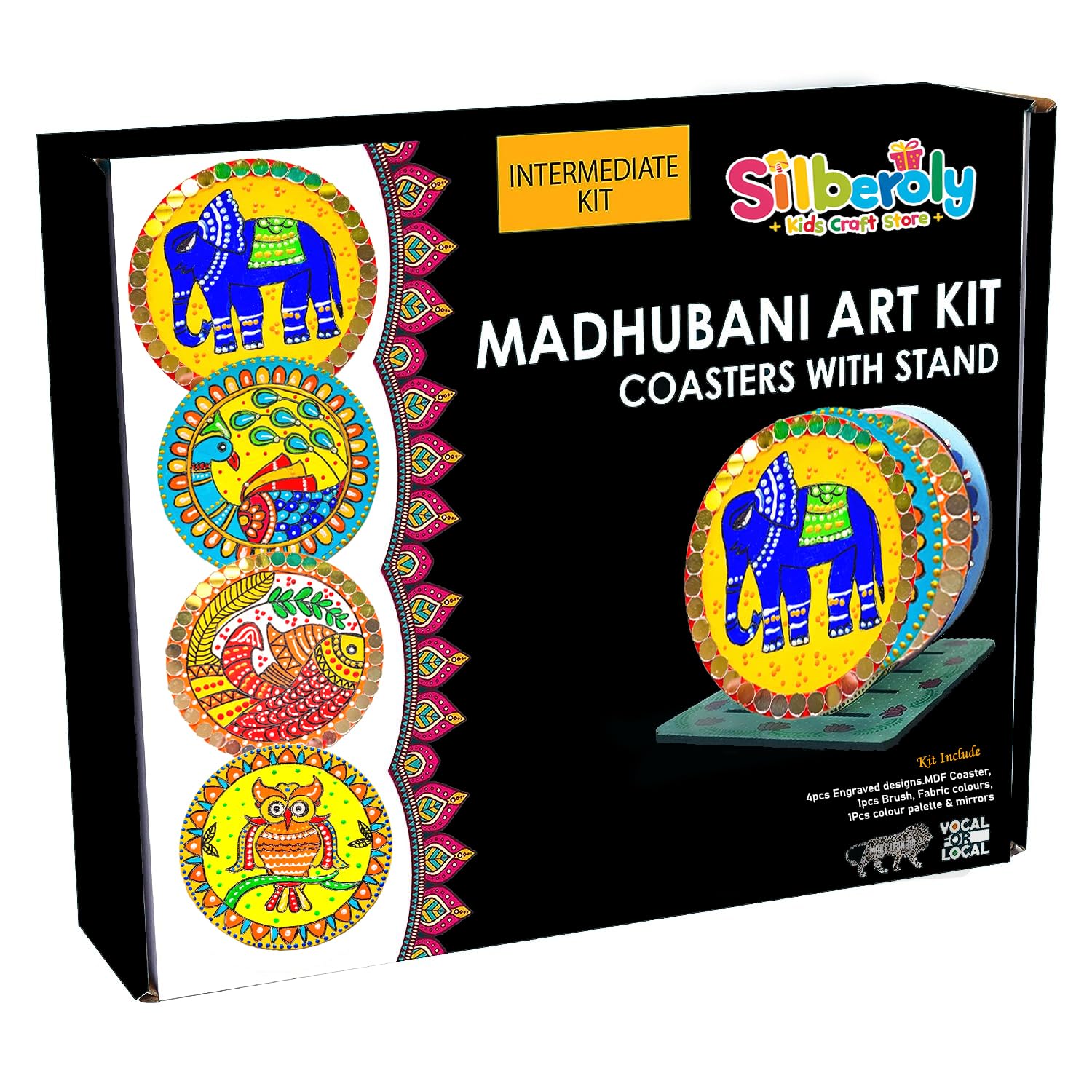 DIY Madhubani Art Craft Painting Kit - Lippan Art Kit | Mandala Art Kit | Gift for Kids | Madhubani Painting MDF Coaster Kit, Brush, Fabric Colors, Color Palette, Mirrors, with Engraved Designs