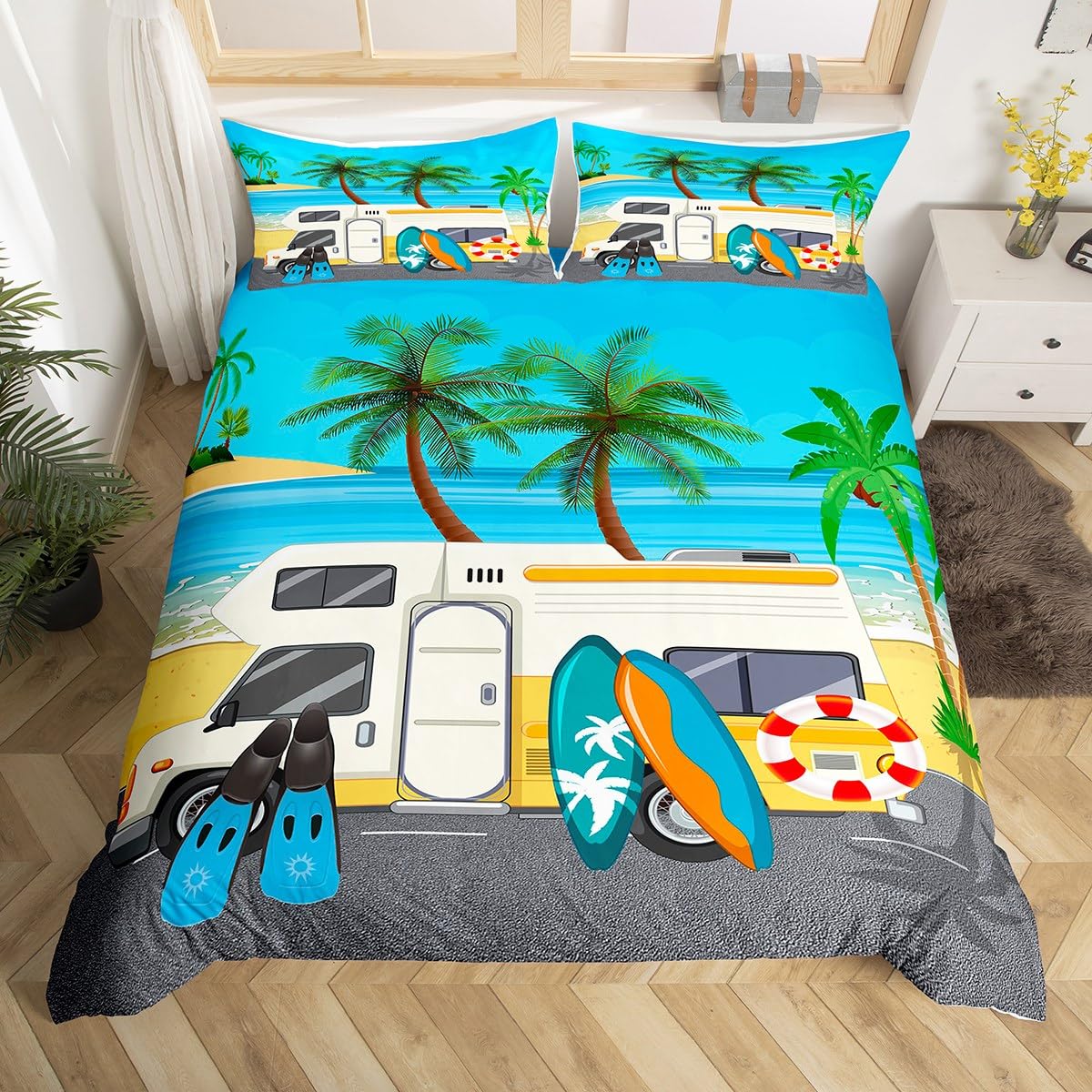 Loussiesd Ocean Comforter Cover Hawaiian Beach Tropical Leaves Bedding Set Camper Van Duvet Cover for Kids Boys Girls Microfiber Summer Holiday Vacation Bedspread Cover Super King