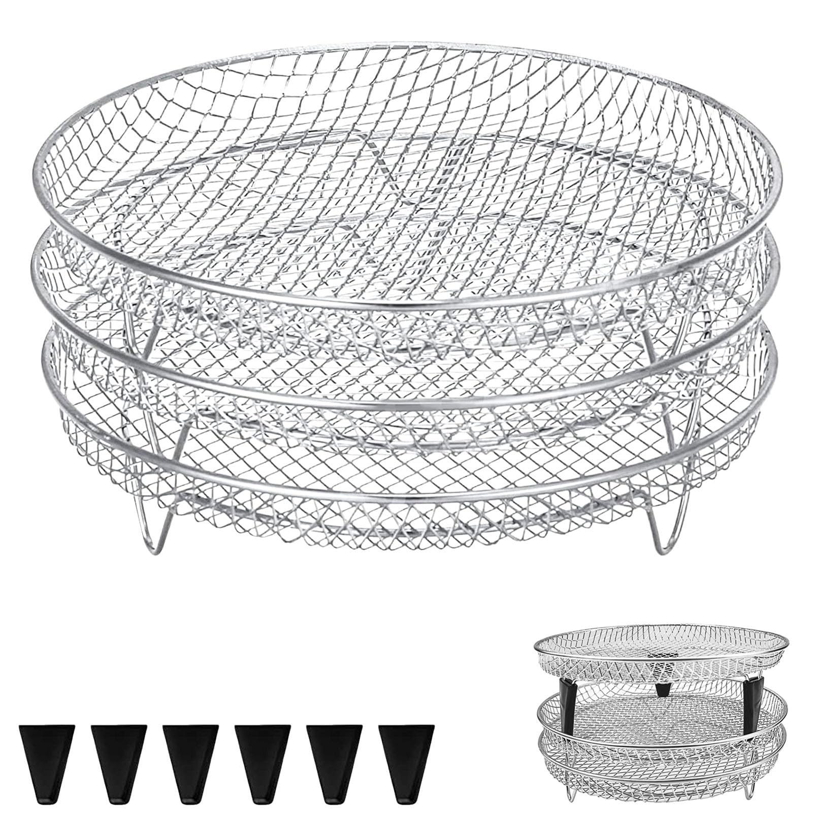 GWYXC 3 Layers Stackable Air Fryer Rack, 8 Inch Round Food Grade Stainless Steel Dehydrator Rack Mesh Tray Set, Fits Inner Diameter ≥8.6 Inch