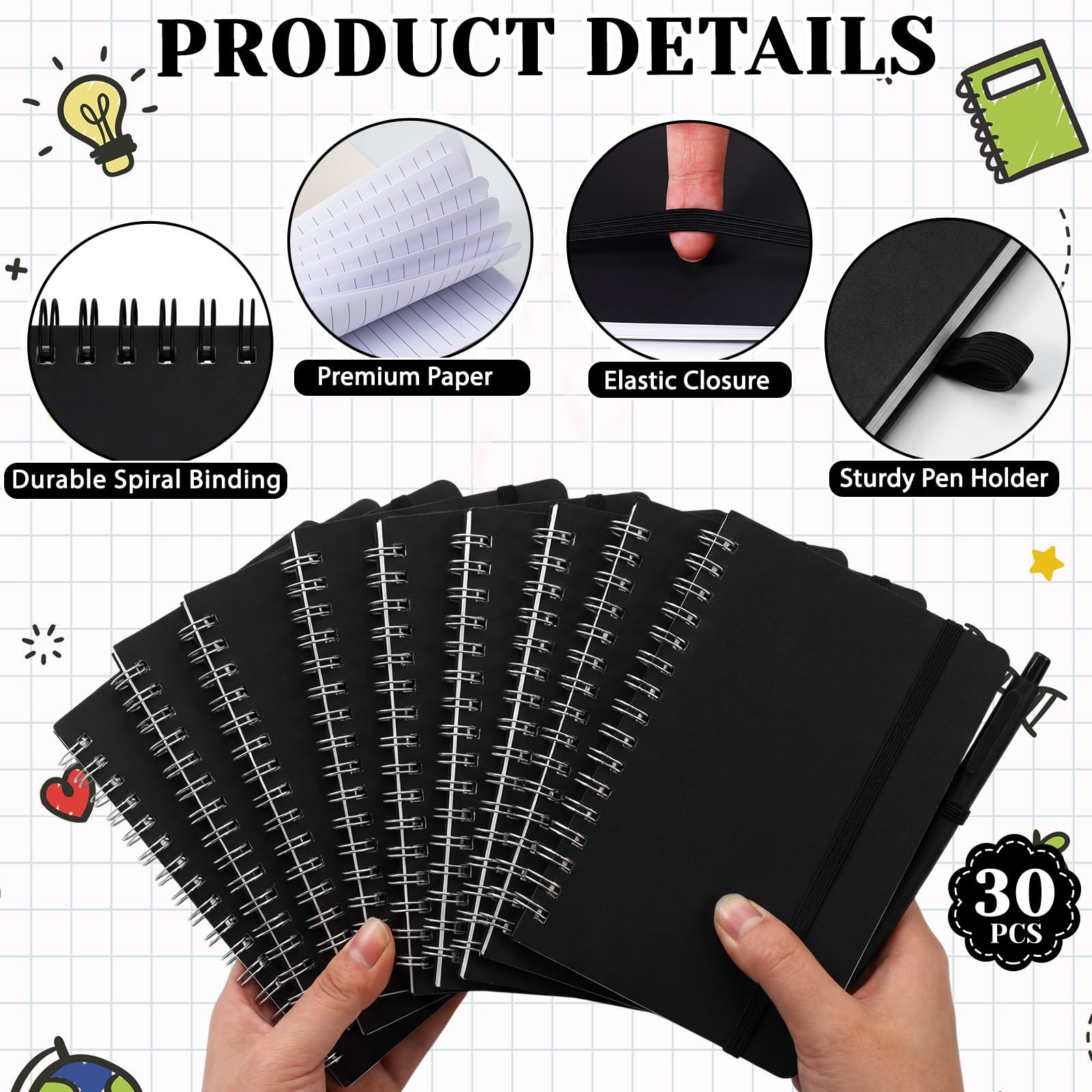 Fulmoon Set di 30 quaderni a spirale A6 con penna a sfera in 10 colori, 50 fogli, 10,2 x 15,2 cm, a righe, piccoli quaderni per il rientro a scuola, studenti, regali per ufficio e colleghi (nero