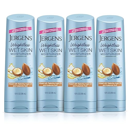 Jergens Hidratante corporal para piel húmeda con aceite de argán restaurador, 4 veces más saludable, de absorción rápida, no grasa, probada por