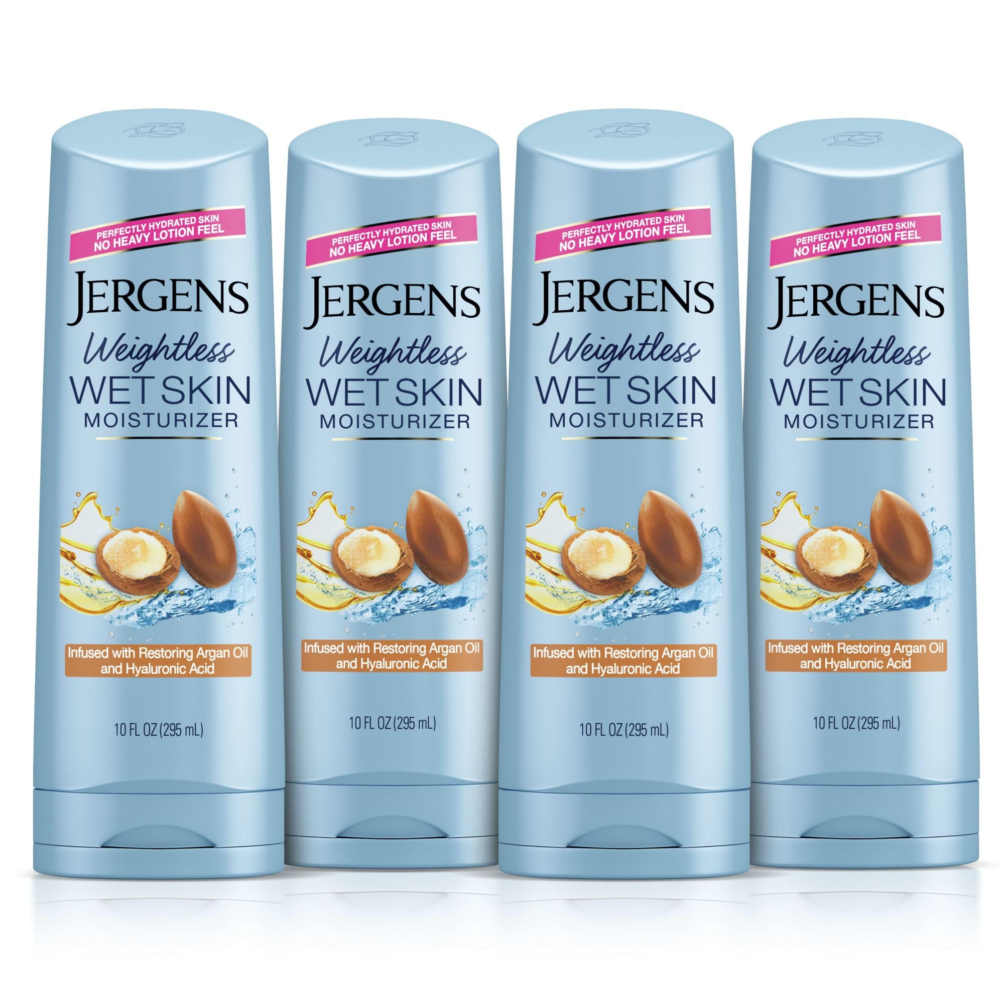 Jergens Wet Skin Body Moisturizer with Restoring Argan Oil, 4X Healthier Looking Skin, Fast-Absorbing, Non-Greasy, Dermatologist Tested, 10 Oz, Pack of 4