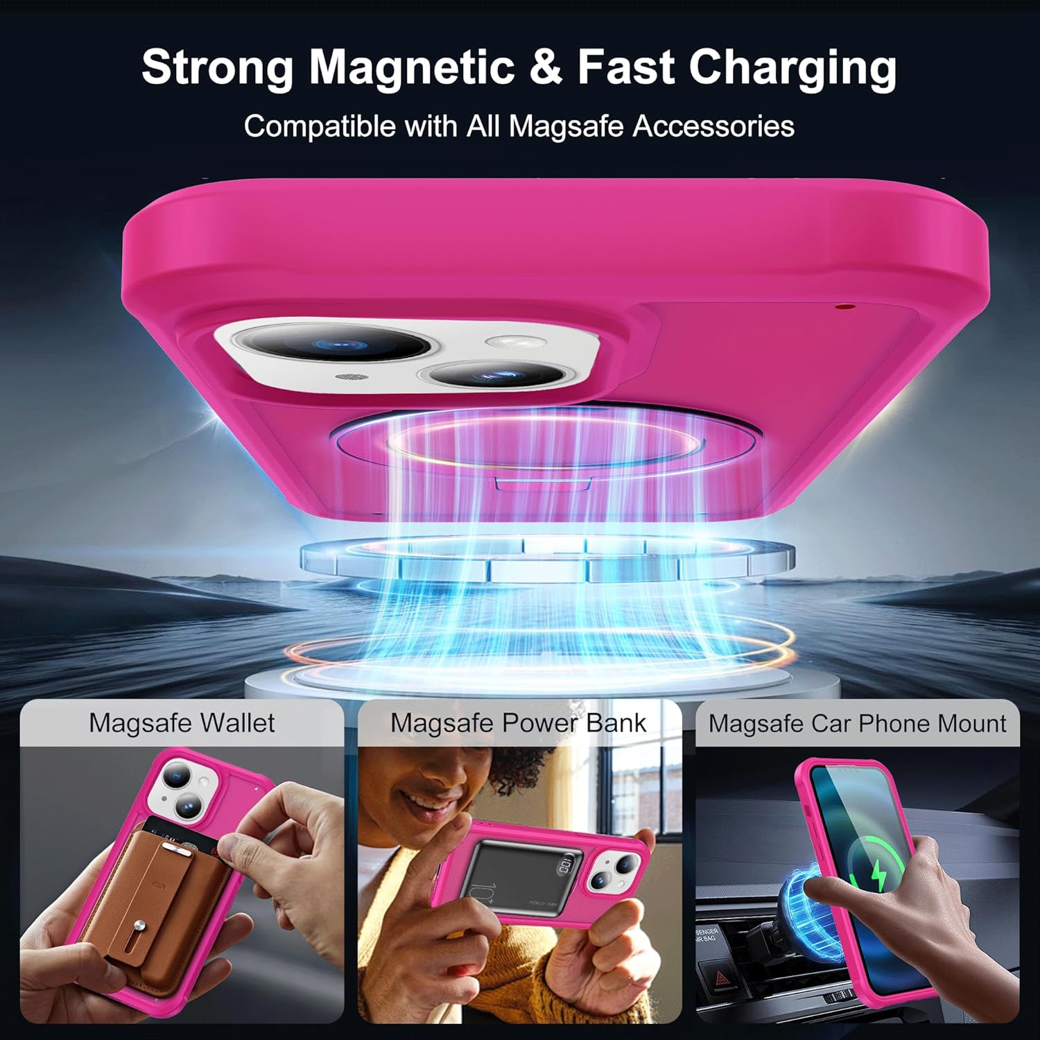 Compatible with iPhone 14/13 Case with Magnetic Ring Stand [Compatible with Mag-Safe] [Built-in Screen Protector] Military-Grade Shockproof Translucent Matte Phone Case, Rose Red - Image 4