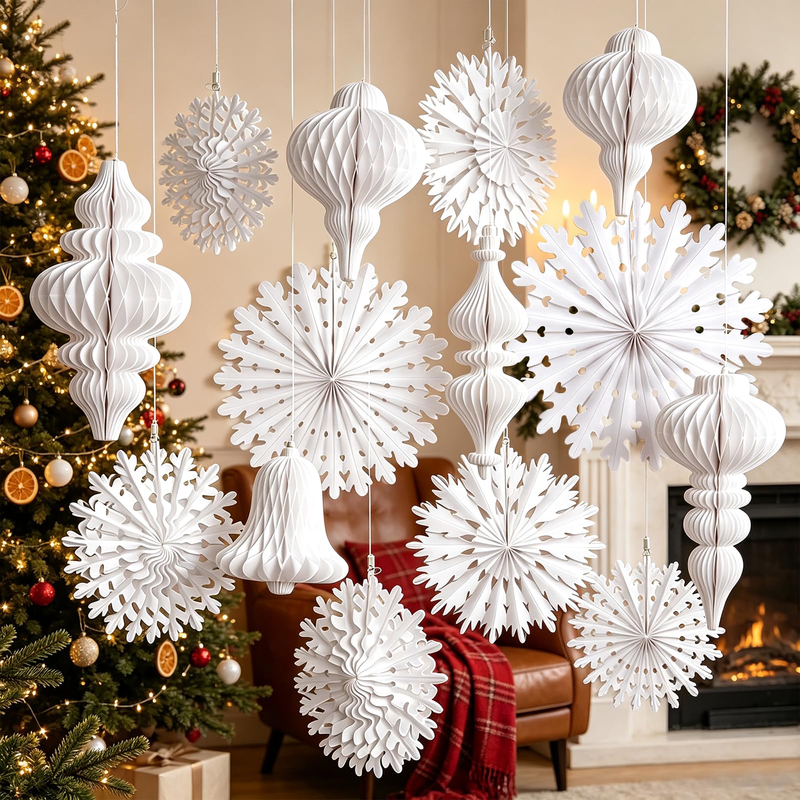 White Paper Snowflake and Honeycomb Hanging Christmas Decorations — image 1