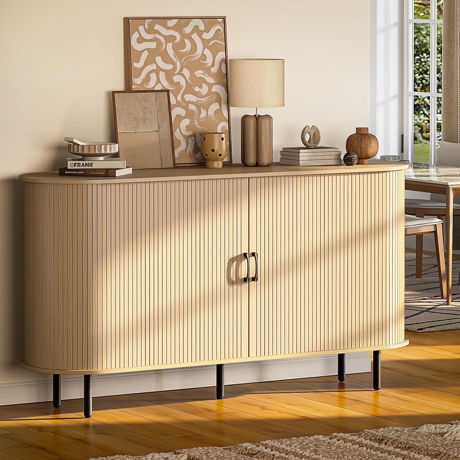 PUKAMI 55" Wood Buffet Sideboard Cabinet with Storage, Mid-Century Modern Coffee Bar Cabinet with Sliding Doors & Shelves, Accent Credenza Console Table for Kitchen, Dining Room, Entryway