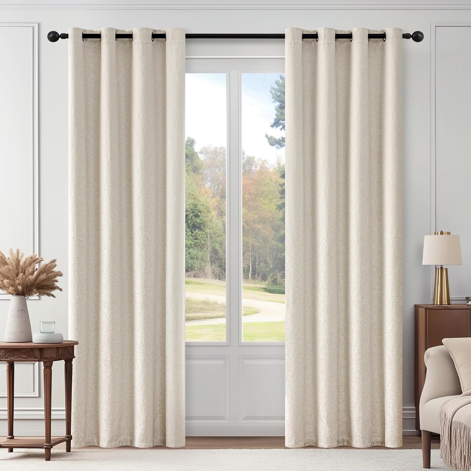 Metro Parlor Beige Floral Blackout Curtains 96 Inches Long for Bedroom, Jacquard Chenille Patterned Vintage Flower Curtains for Living Room Darkening Thermal Insulated Grommet Window Drapes, 2 Panels