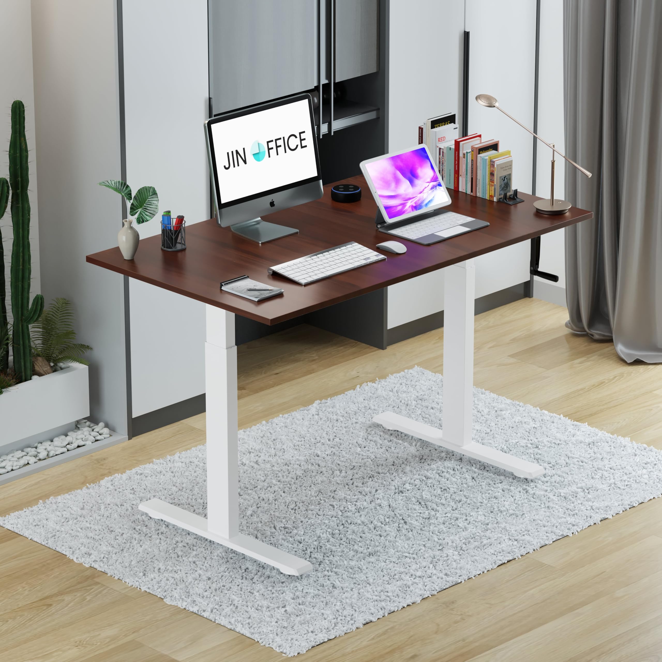 Jin Office Vertex Manual Height Adjustable Table| Adjustable Standing Desk with Hand Crank| Sit Stand Desk| Ergonomic Table for Home,3 Year Warranty,80 Kg Wt. Cap| White & Brown|1200*750mm/25MM Thick