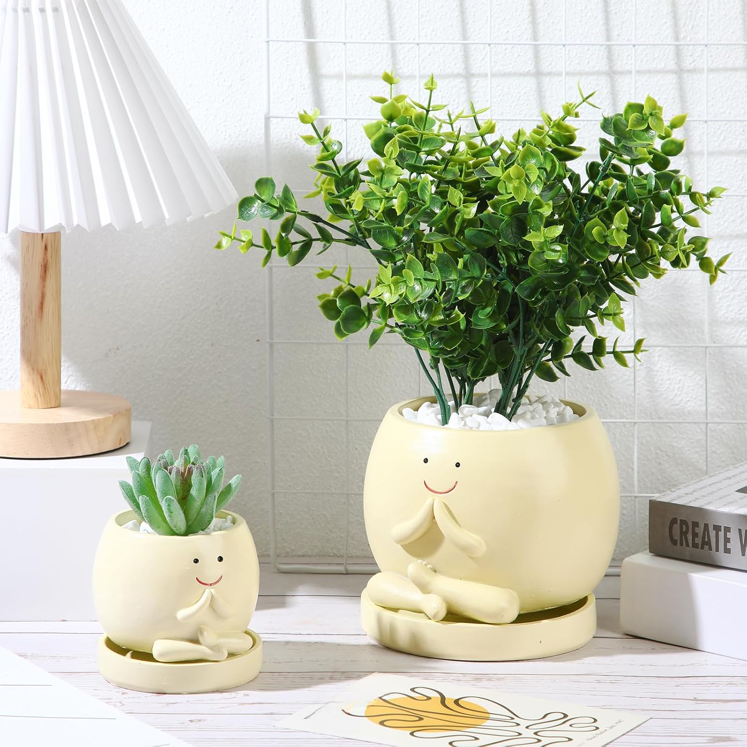 SiliFine 2 Pcs Smile Face Planters Pots with Drainage Hole, 6'' Head Planters 3.6'' Cute Resin Flower Pot for Indoor Plants, Succulent Pots for Plant Lover Gift(Yoga)