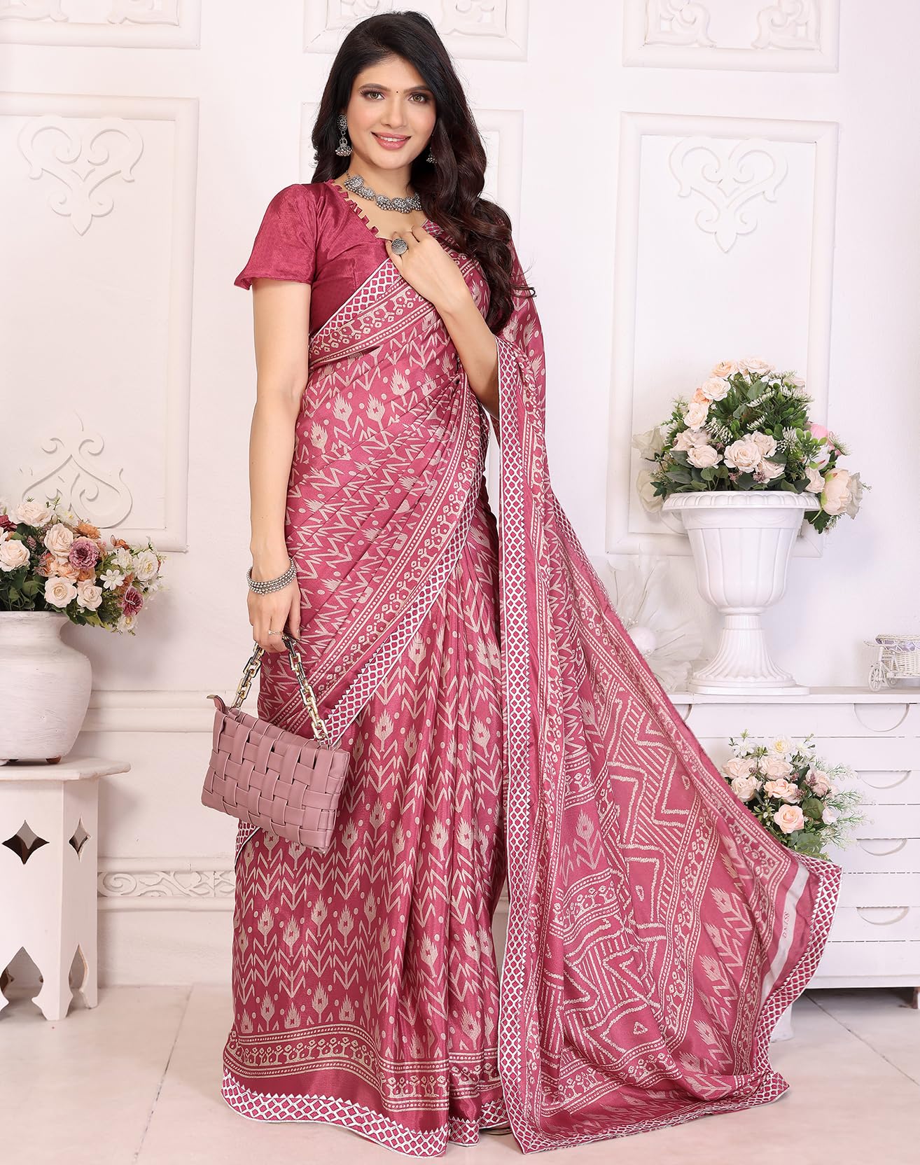Yashika Damen Tussar Seide mit Spitze Bedruckter Sari Sari Sari mit Bluse | Sari für Frauen | Sari | Neuer Sari | Neuer Sari | Neuer Sari