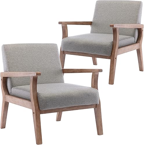 Miniatura 8 de Wahson Comfy - Sillas de sala de estar, sillas decorativas tapizadas de lino, sillones de granja con marco de madera natural, silla decorativa de