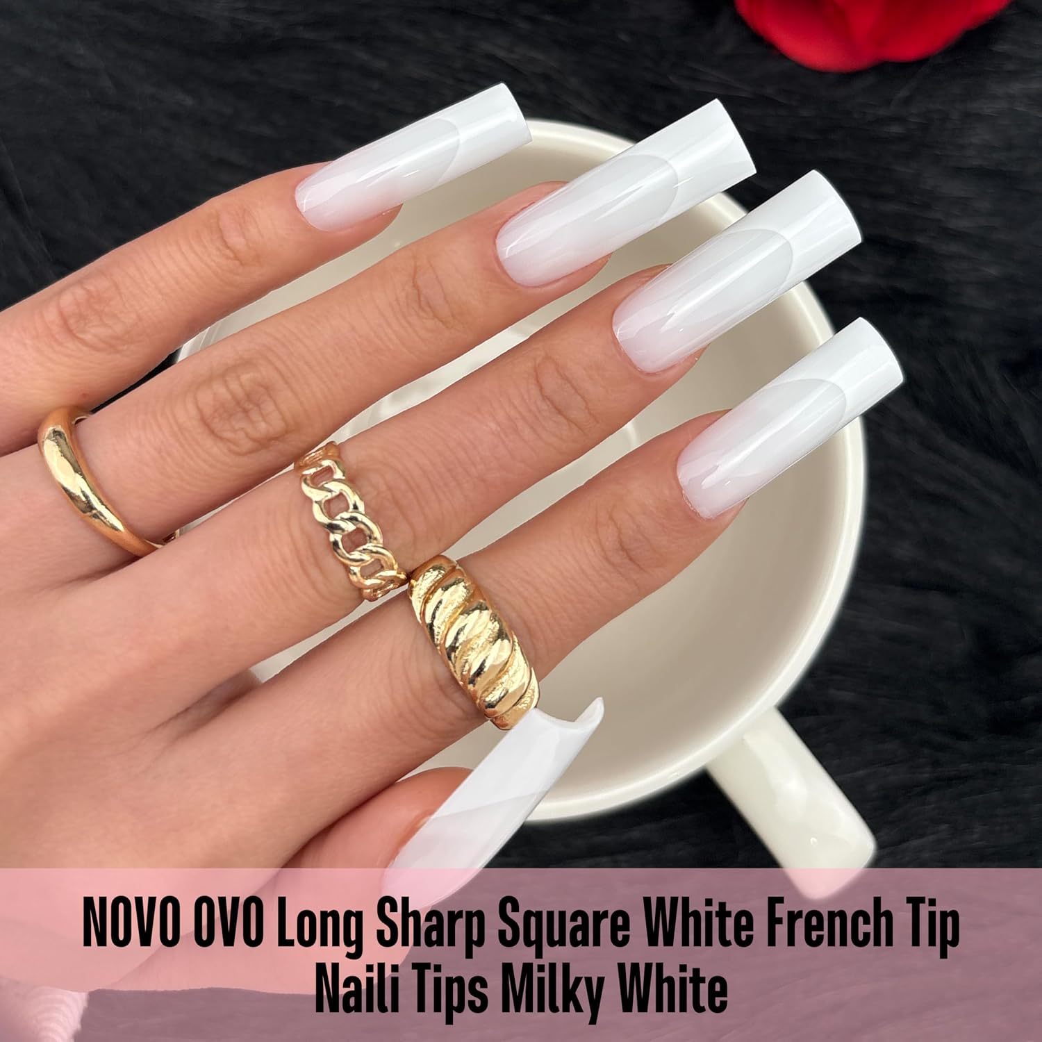 NOVO OVO Long Square French Tip Nail Tips, Extra Thick Soft Gel Tips Full Cover, 180Pcs Milky White Pre-Etched False Nails (Need Builder Glue Gel & Top Coat), 15 Sizes Press on Nail Extension Kit